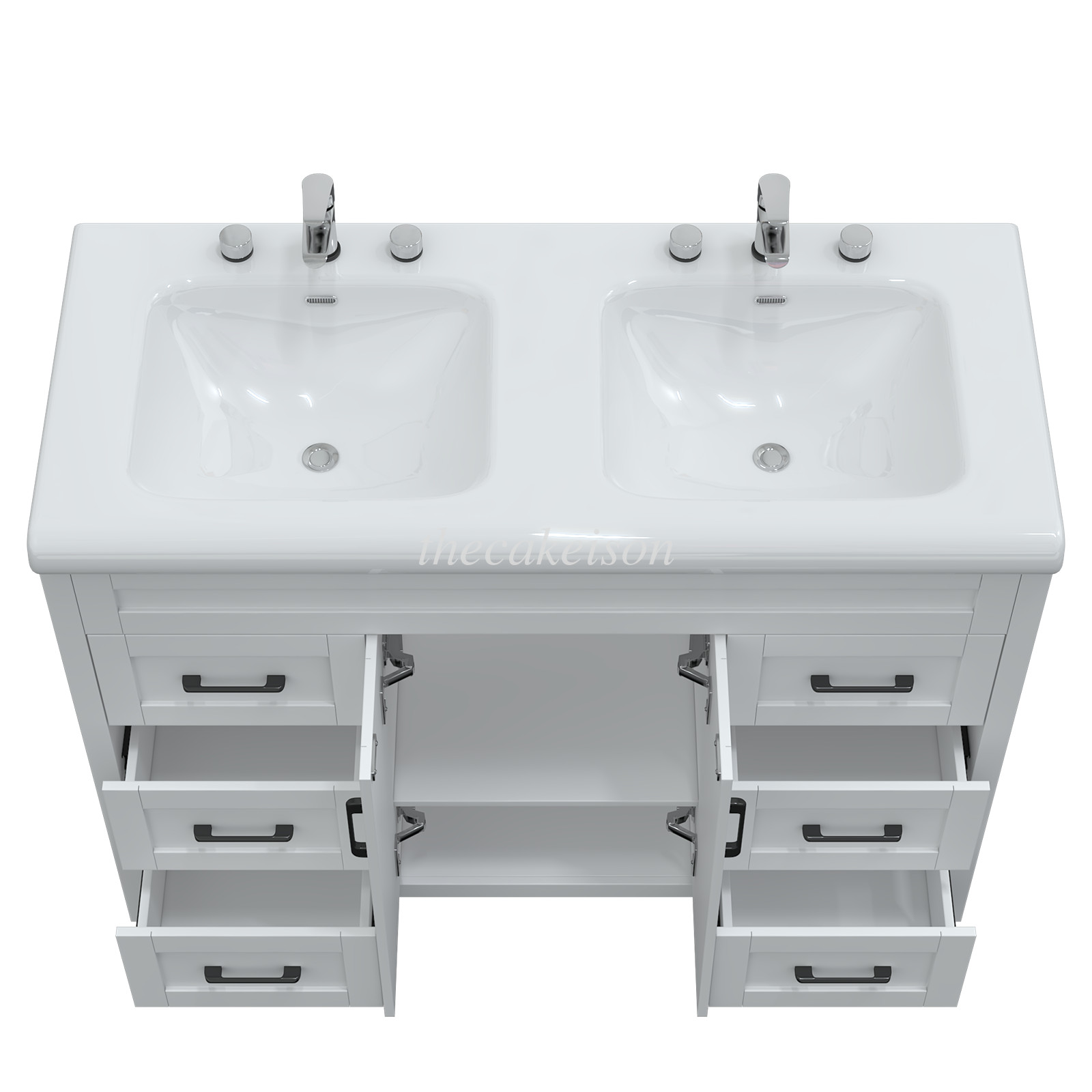 47.3″ Bathroom Vanity Cabinet White Freestanding Drawers + Double Sink Ceramic
