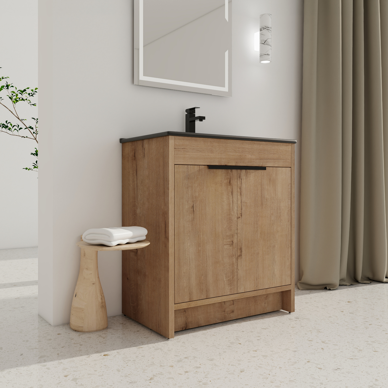 30″ Plywood Freestanding Bathroom Vanity Cabinet W/ Black Sink Soft-Close Door