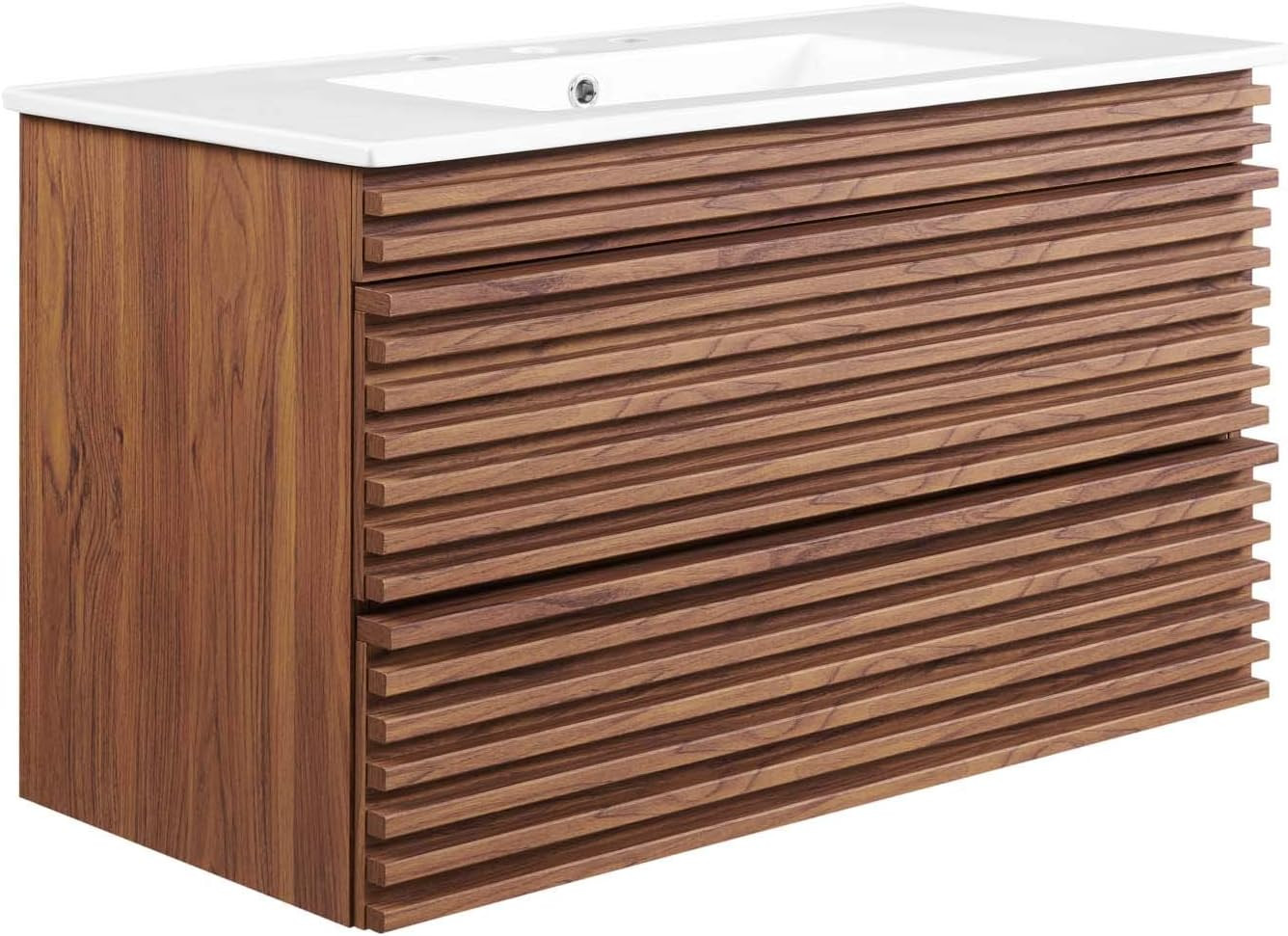 Elegant 36″ Walnut & White Wall-Mount Bathroom Vanity for Modern Spaces