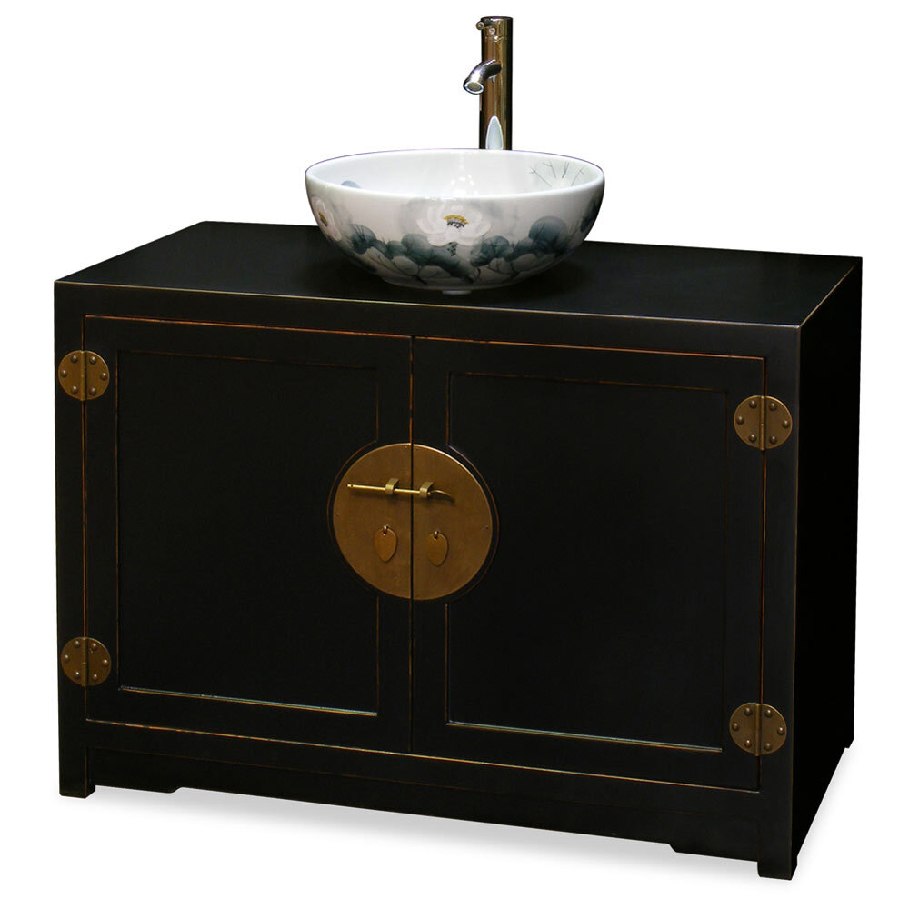 US Seller – Distressed Black Elmwood Chinese Ming Vanity Cabinet