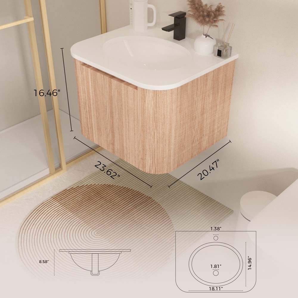 24″ 30″ Floating Vanity Cabinet with Sink, Wall Mounted Bathroom Vanity, Drawer