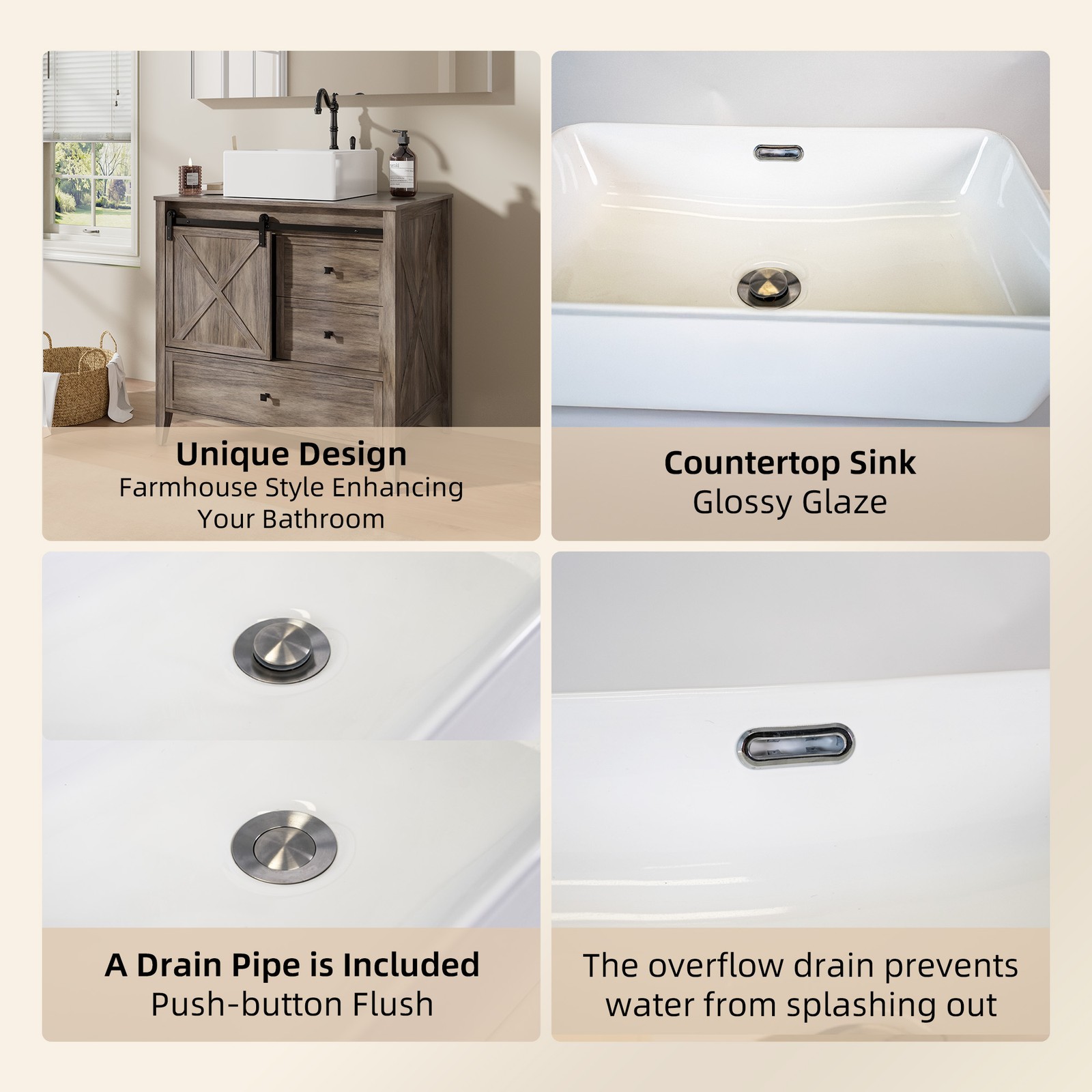 36-inch Bathroom Vanity Wooden Freestanding Cabinet Storage Vessel Sink Combo