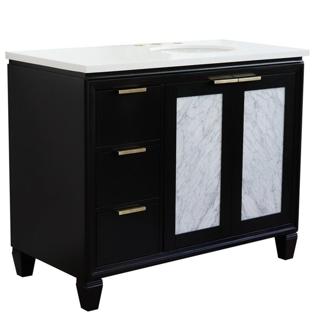 Pemberly Row 43″ Solid Wood Vanity w/ Right Oval Sink in Blue/White Quartz Stone