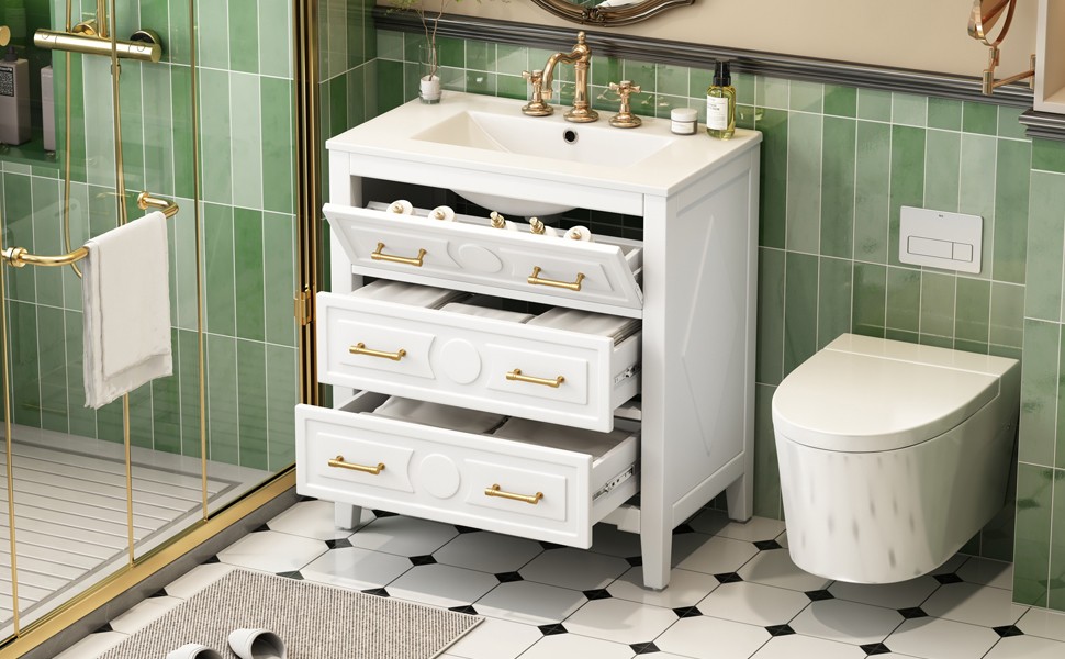 White 30″ Free Standing Bathroom Vanity w/ Ceramic Sink & 3 Drawers, Solid Wood