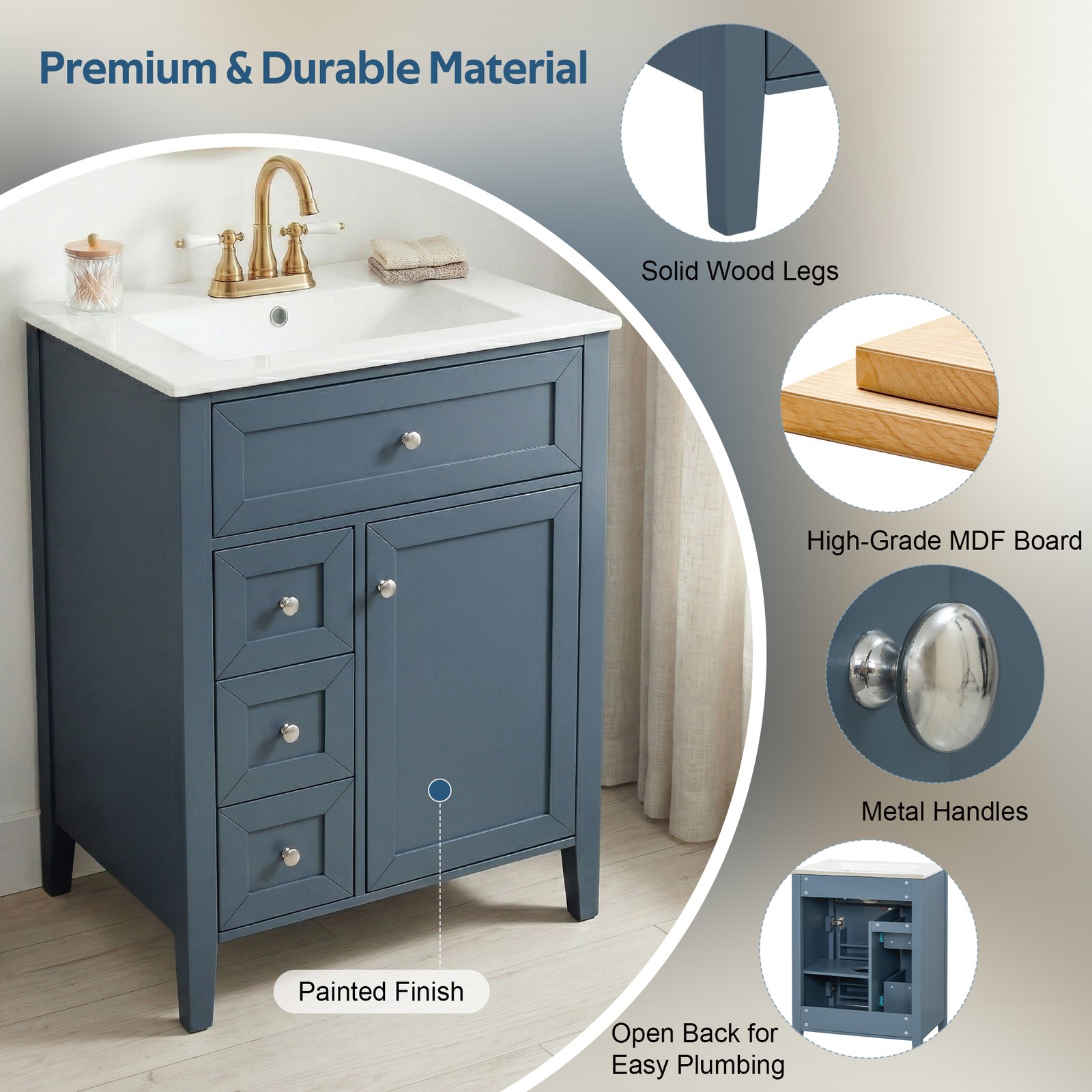 24″ Blue Gray Bathroom Vanity with Ceramic Sink & Soft-Close Drawers