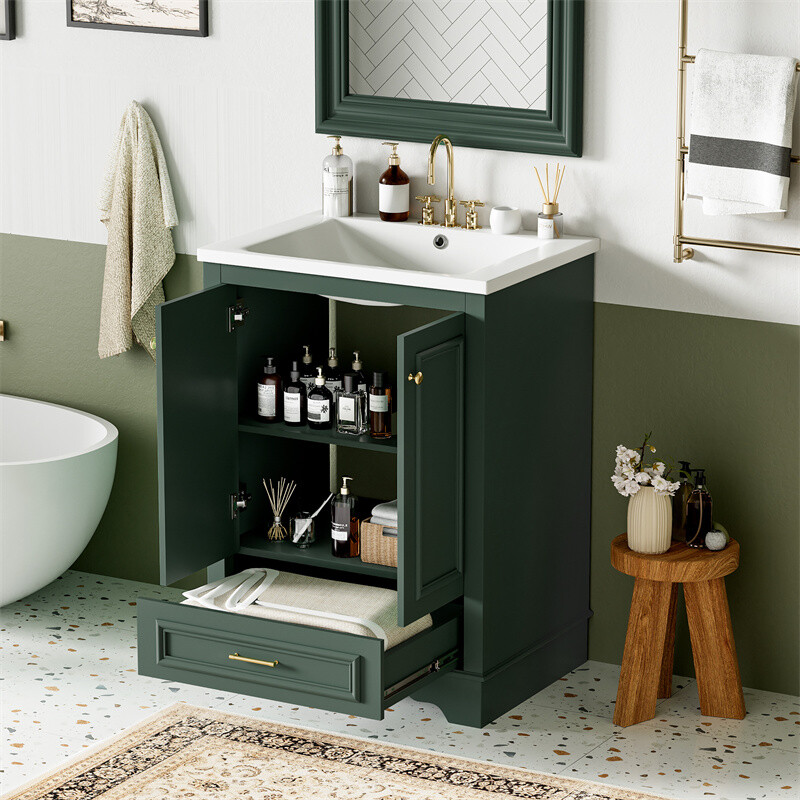 24” Bathroom Vanity with Ceramic Sink Combo Green Cabinet w/Doors & Drawers