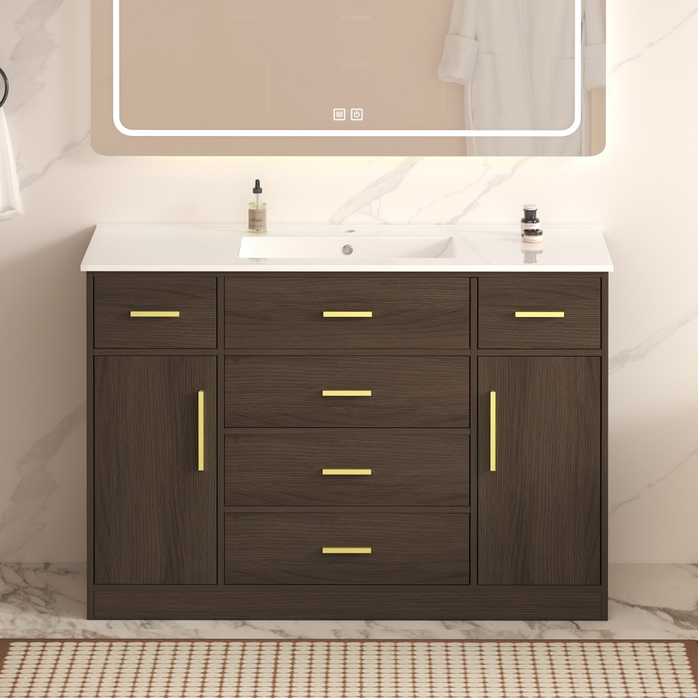 48″ Dark Brown Bathroom Vanity with Soft Close Doors and 6 Drawers