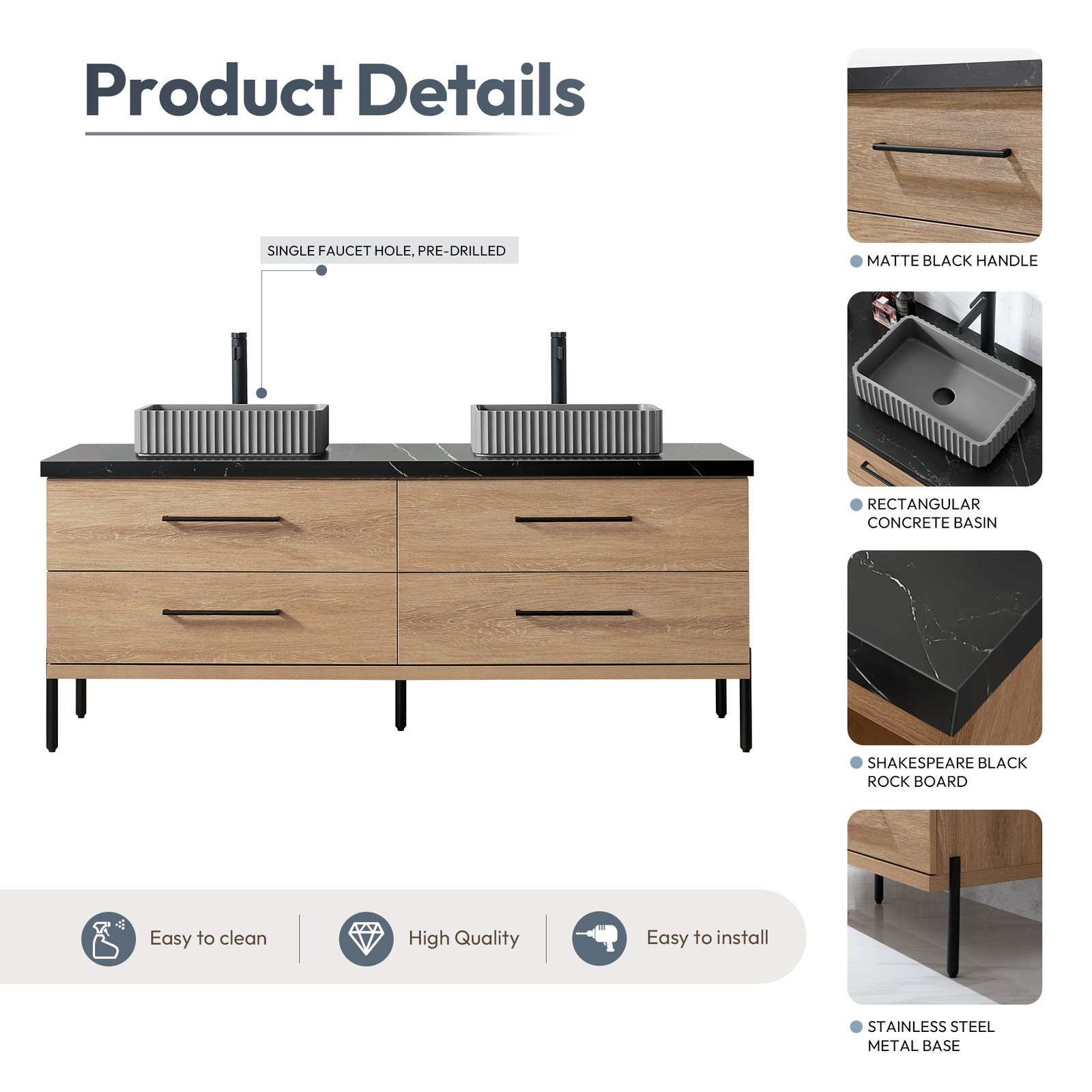 Trento 72″ Double Bath Vanity with Black Sintered Stone Top with Concrete Sink