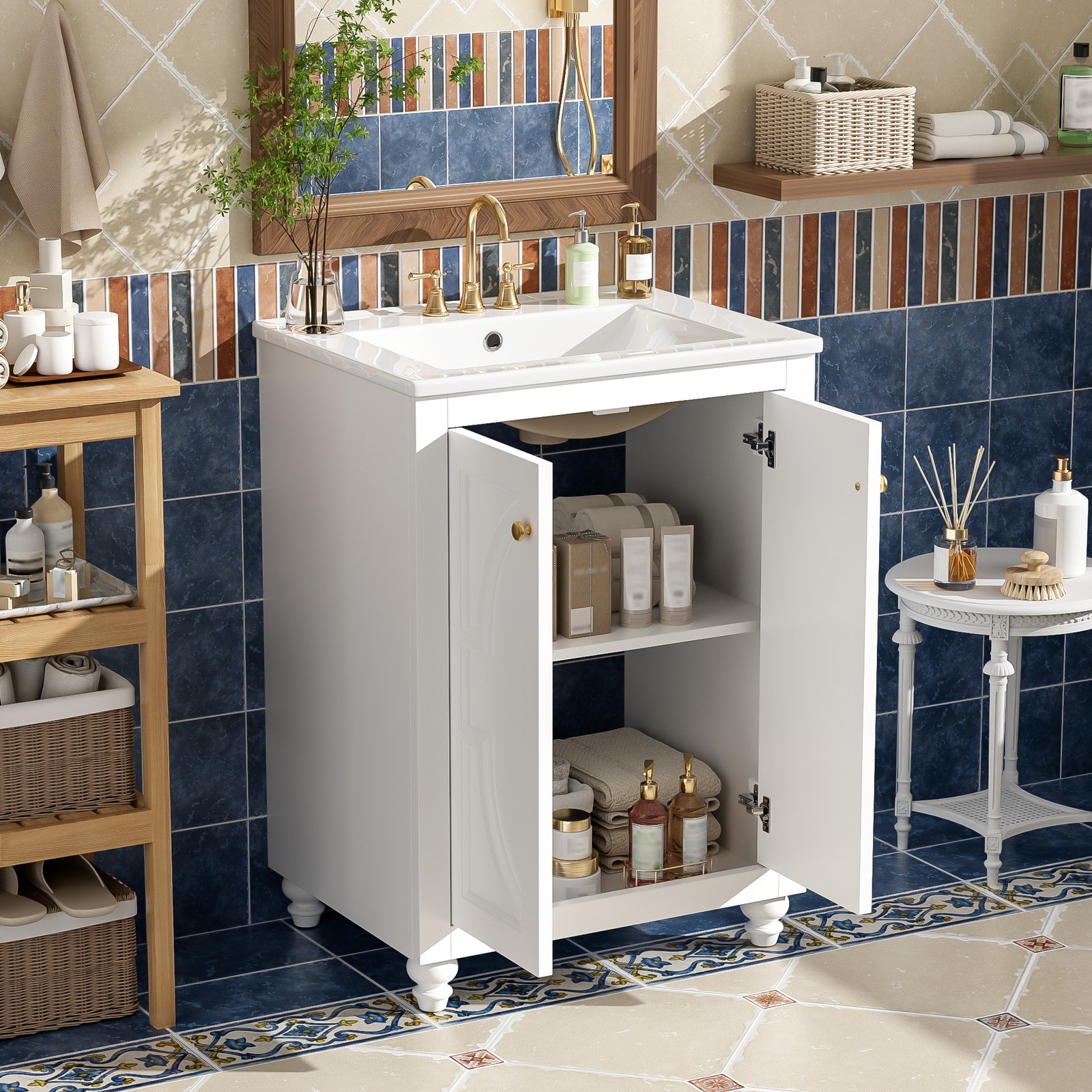 24″ Modern Bathroom Vanity with Elliptical Motif & Soft-Close Hinges