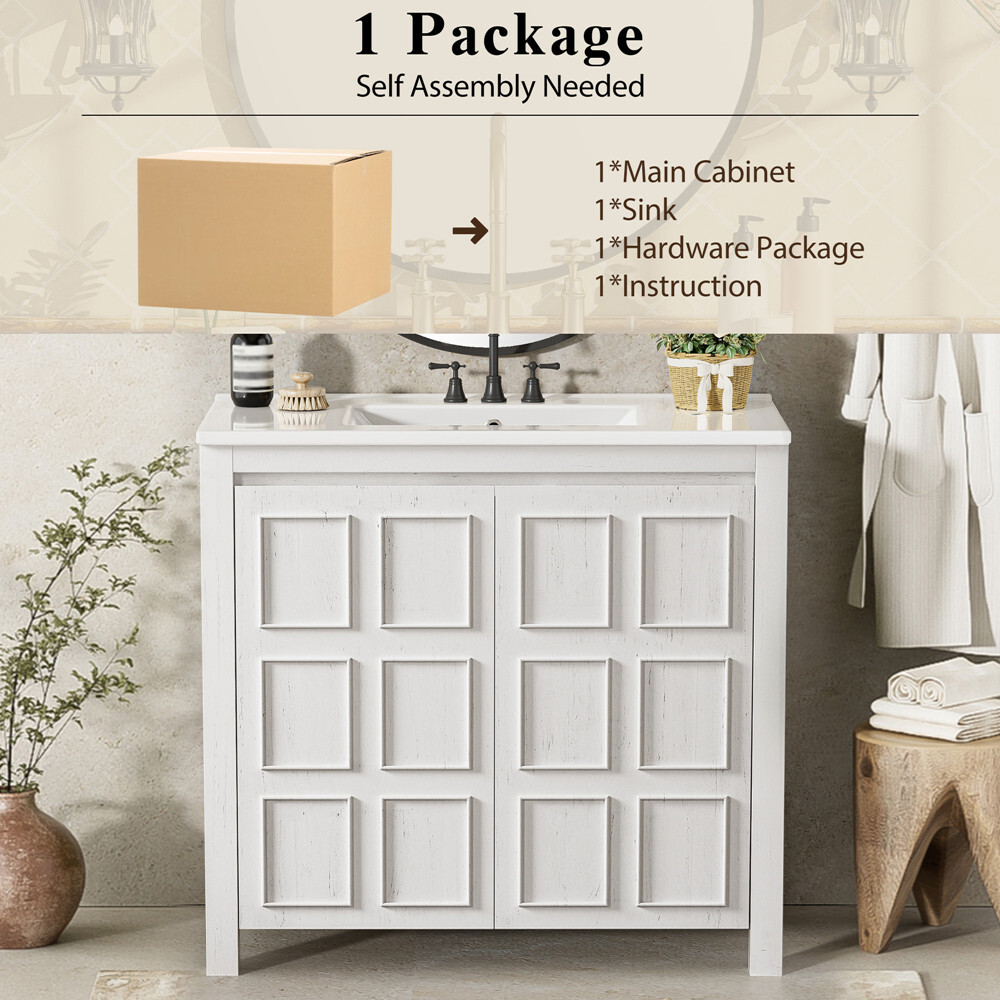 36″ Bathroom Vanity w/ Sink, Freestanding Vanity Storage Cabinet, 2 Doors, Shelf