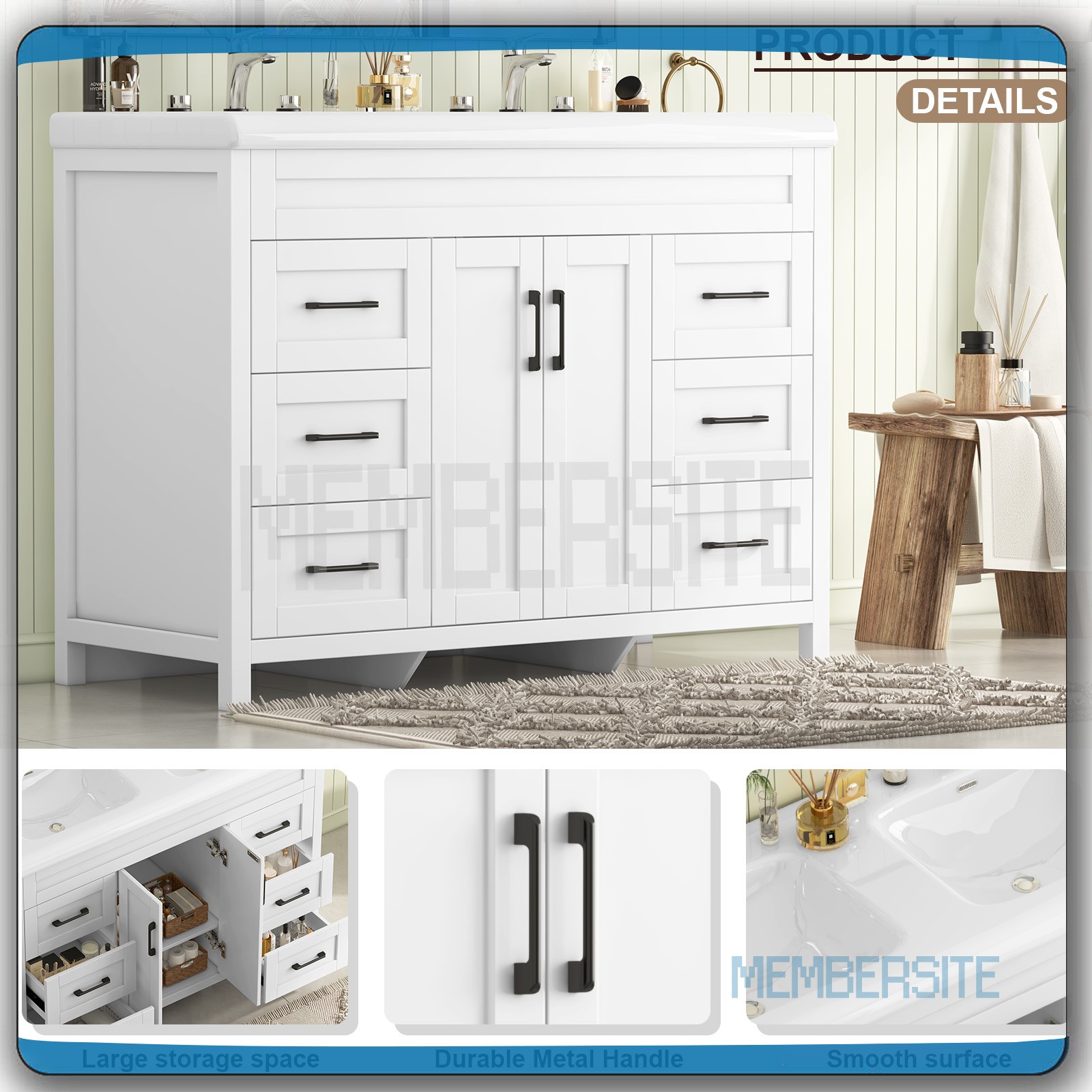 NEW 47.3″ Bathroom Vanity w/ 2 Ceramic Sink ,Storage Cabinet w/Soft Closing Door