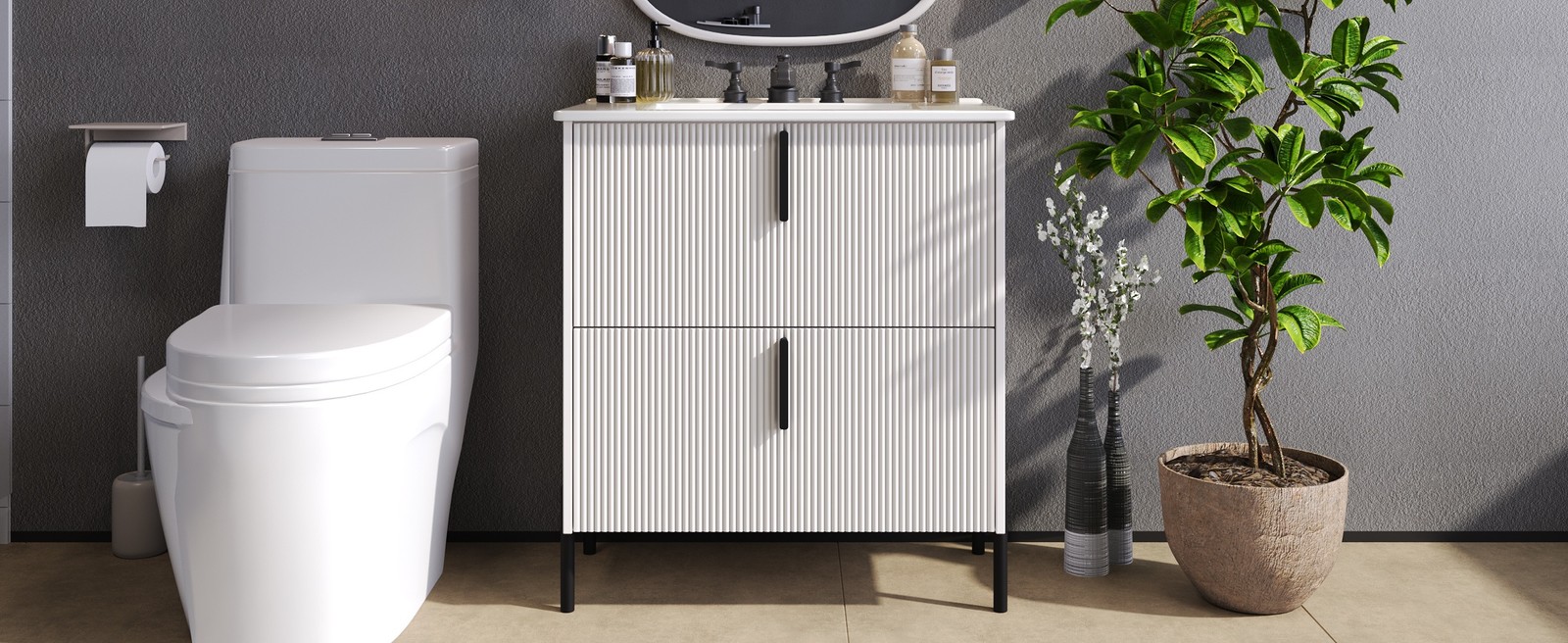 30″ White Bathroom Vanity with Ceramic Sink & Soft Close Drawers