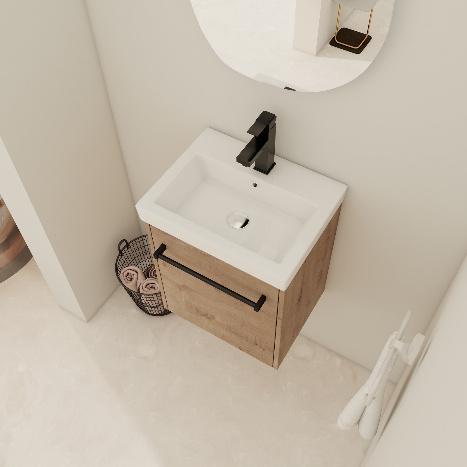Space-Saving 18″Wall Vanity w/Ceramic Sink Cabinet Bathroom for Apartments White
