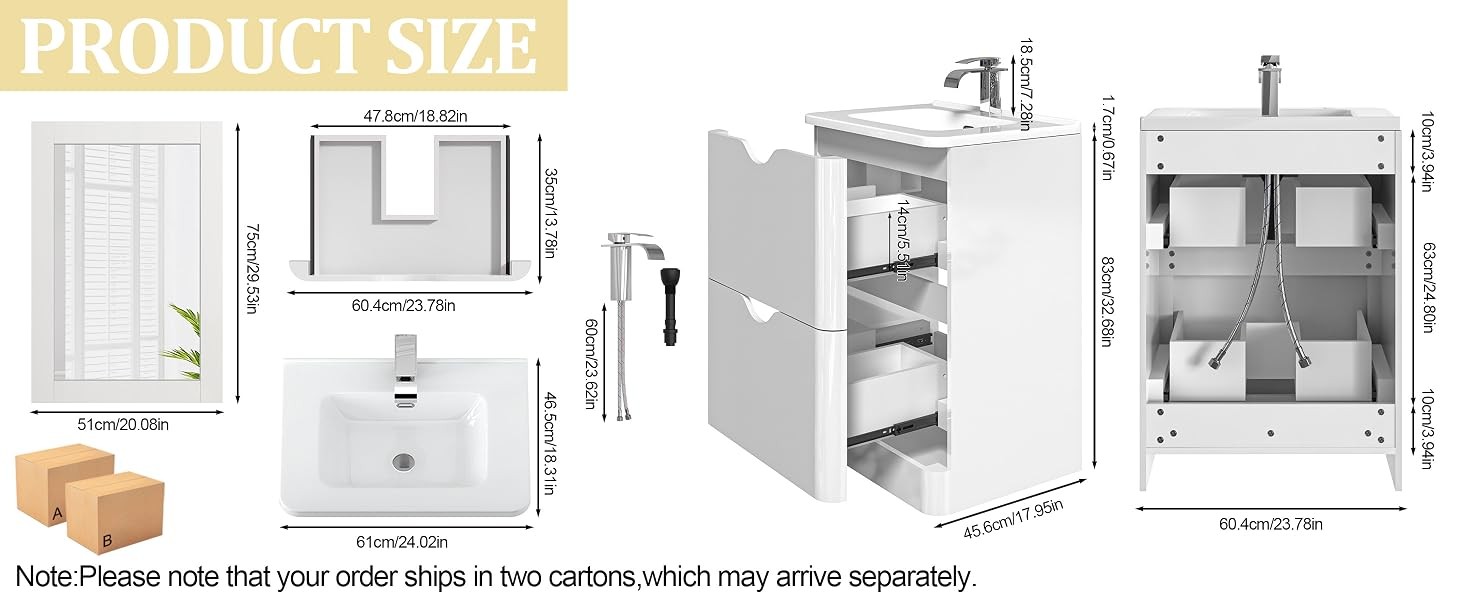 24″ Modern High Gloss Bathroom Vanity with Sink Combo,Mirror, Faucet Set,