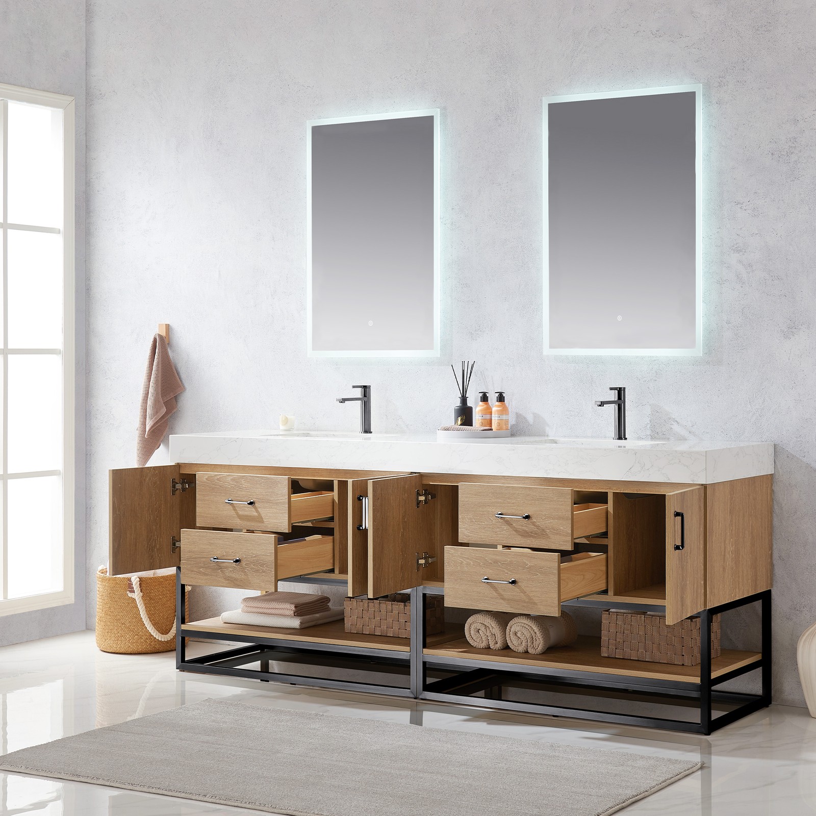 Vinnova Alistair 84″ White Stone Top Oak Double Vanity Black Frame w/o Mirror