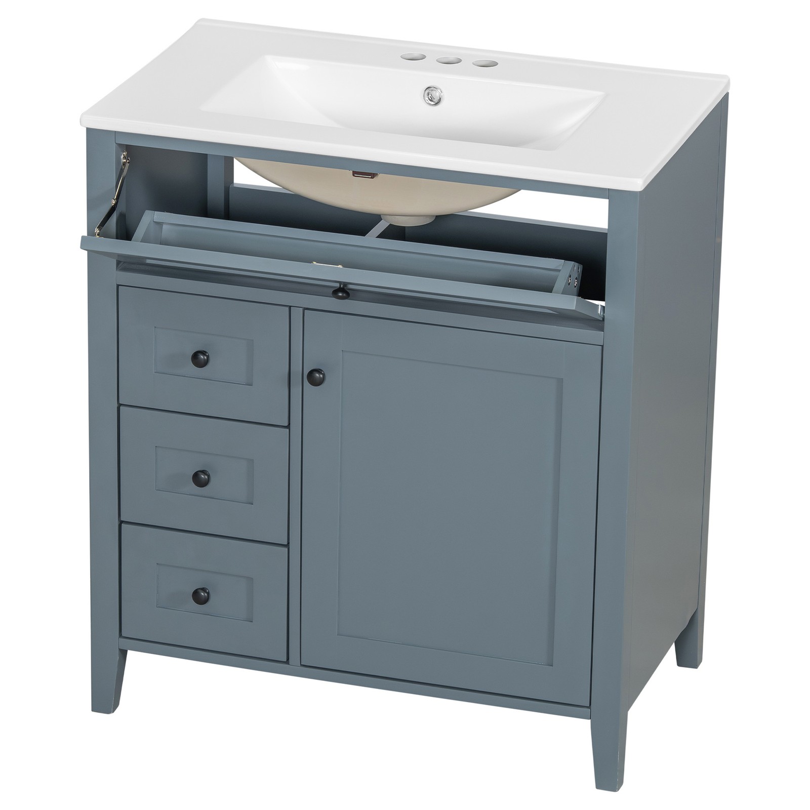 30″ Blue Gray Bathroom Vanity with Sink, 3 Drawers & Cabinet