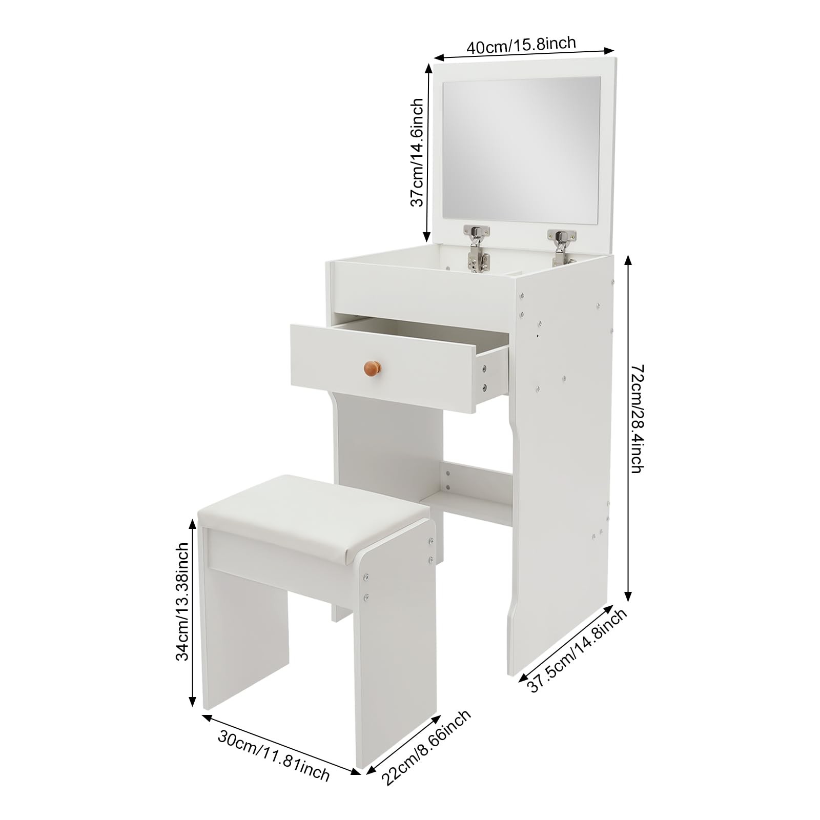 3-in-1 Flip Top Makeup Vanity Desk with Mirror Drawer and Cushioned Stool White