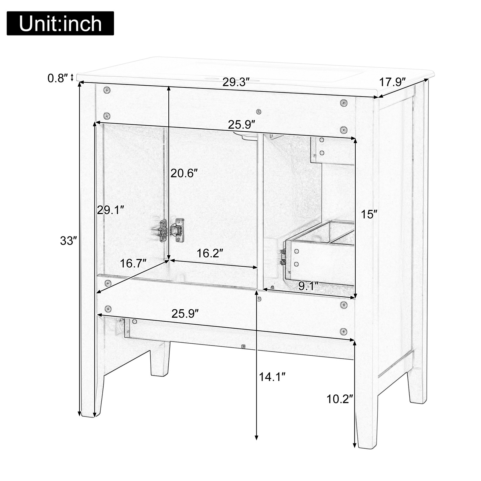 30″ Blue Bathroom Vanity with Sink, 1 Cabinet & 3 Drawers, Solid Wood & MDF