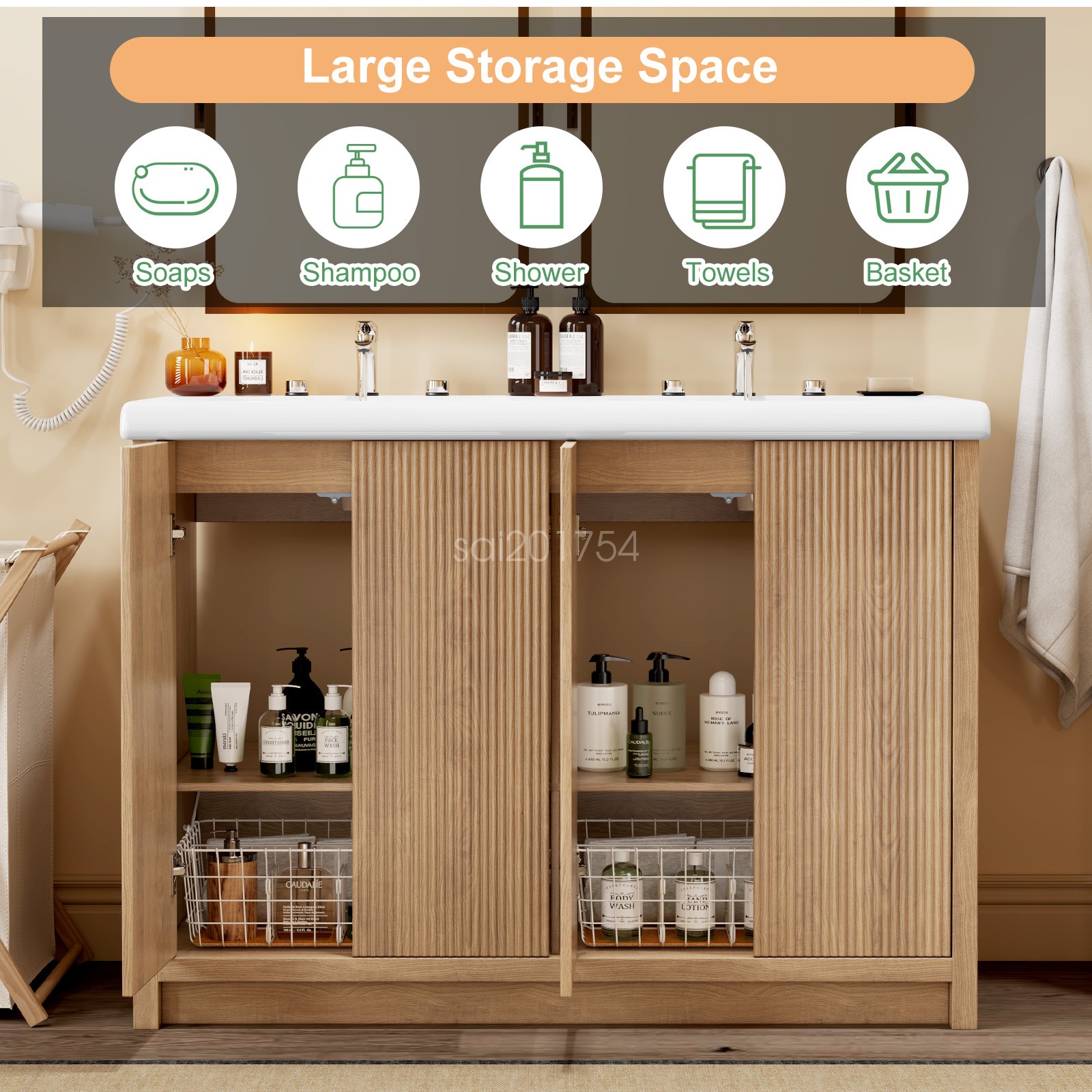47.3″ Double Sink Bathroom Vanity Wood Grain Modern 2 Basin Storage Cabinet
