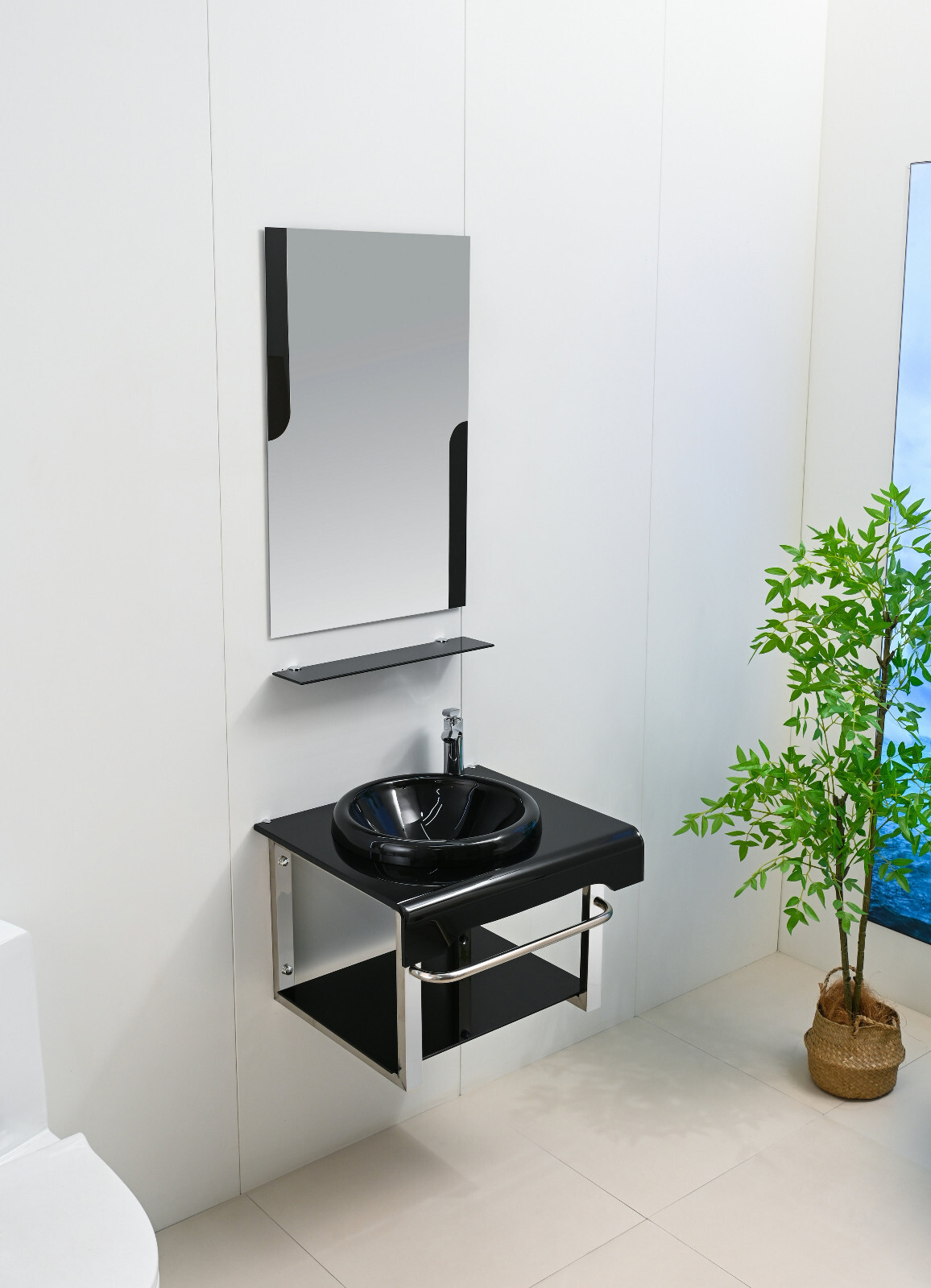 24″ Wide Modern Tempered Glass & Stainless-Steel Set include mirror and shelve