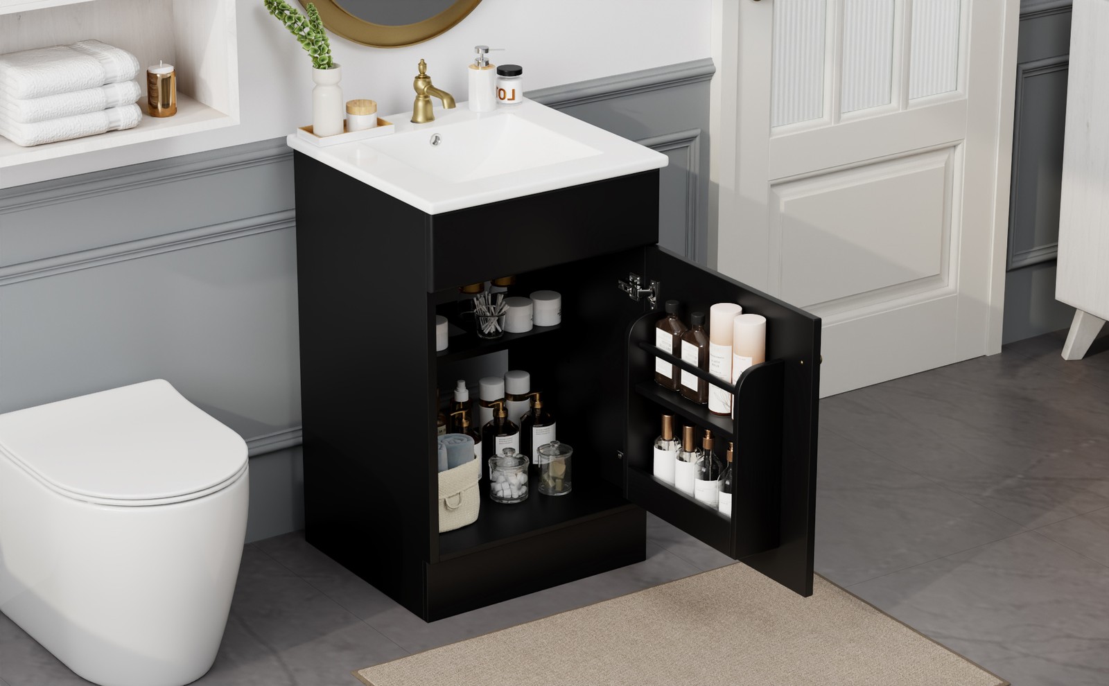 20″ Bathroom Vanity with Ceramic Sink, Black MDF Cabinet