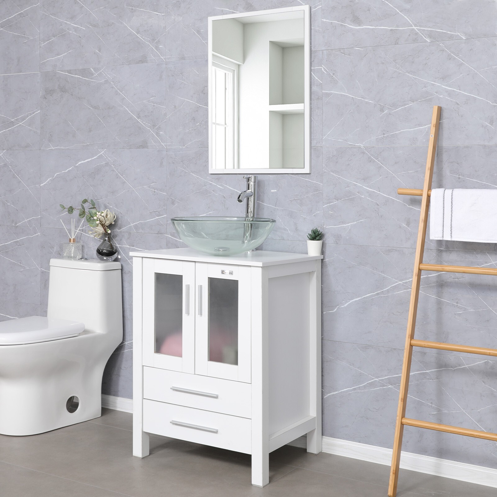 24″ White Bathroom Vanity Set Tempered Clear Glass Vessel Sink Combo No Mirror