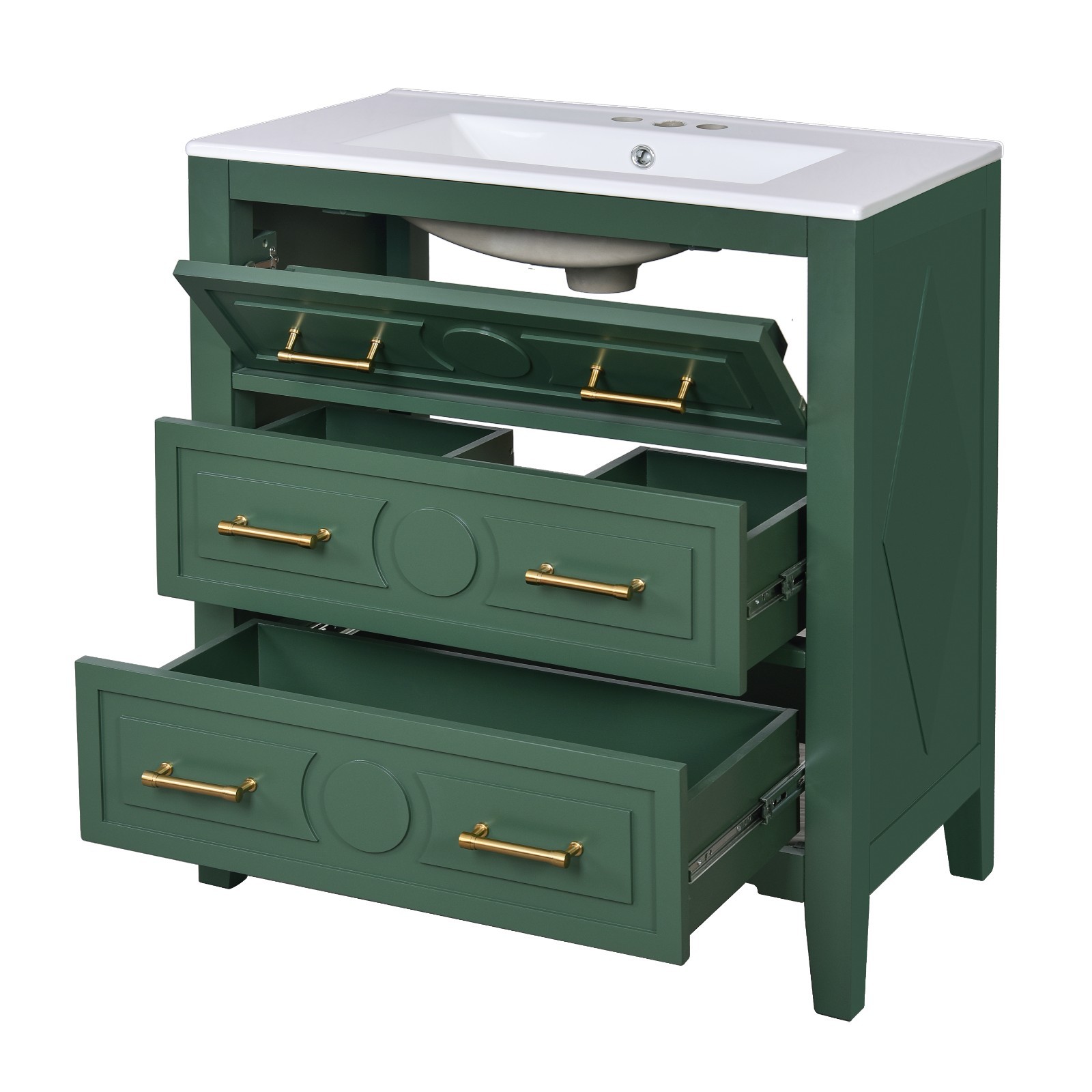 30″ Bathroom Vanity Storage Cabinet With Ceramic Sink 3 Drawers Gold Handles