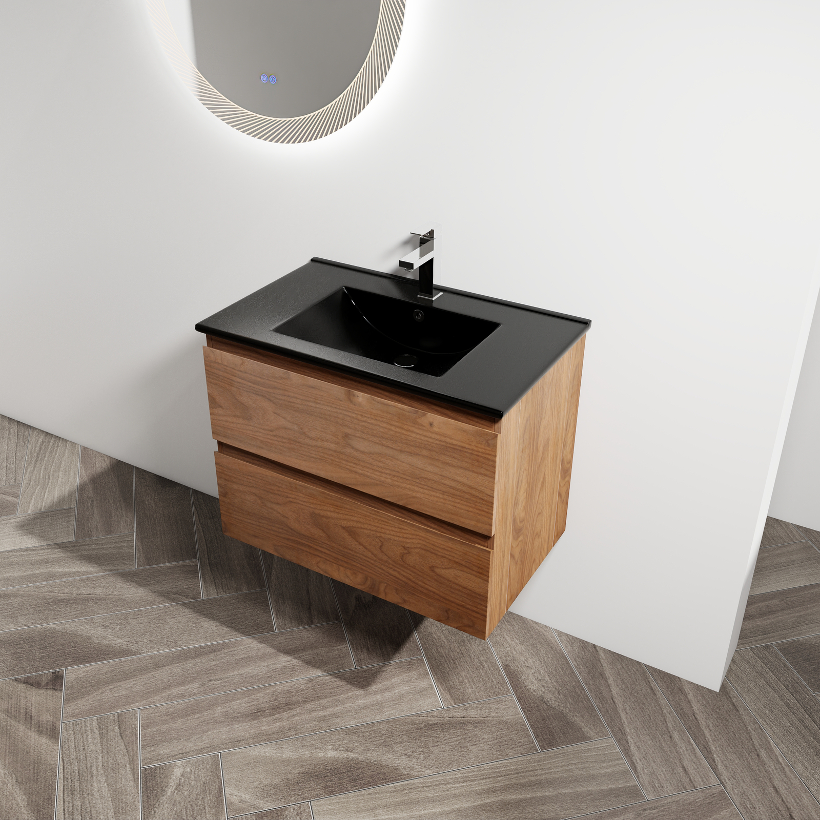 30 Inch Floating Wall Mounted Bathroom Vanity +Black Ceramic Sink 2 Drawer Brown