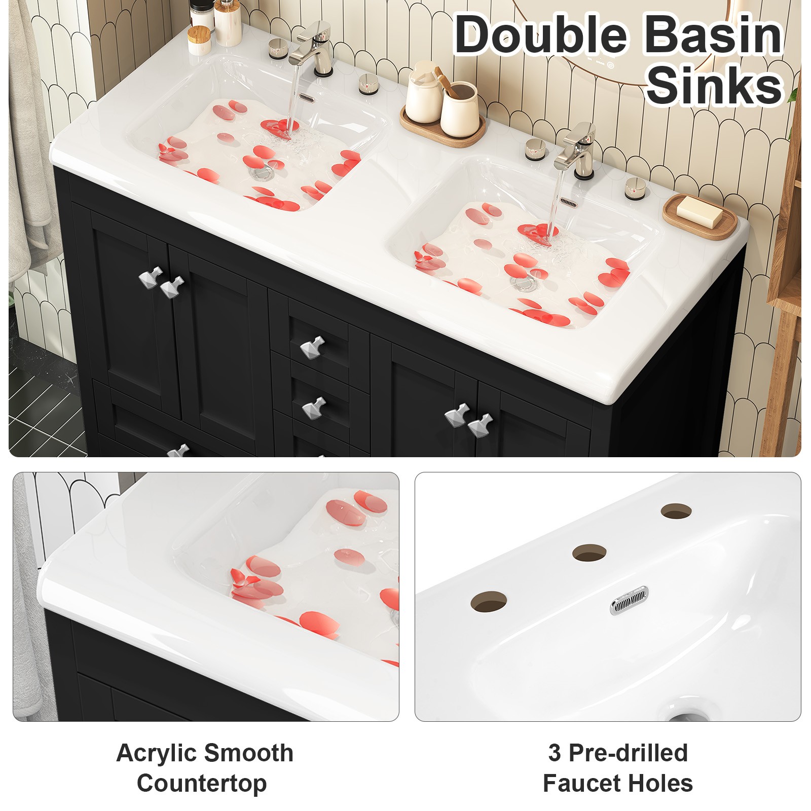 47” Double Bathroom Vanity Cabinet Ceramic Sink + Cabinet + 5 Drawers Black