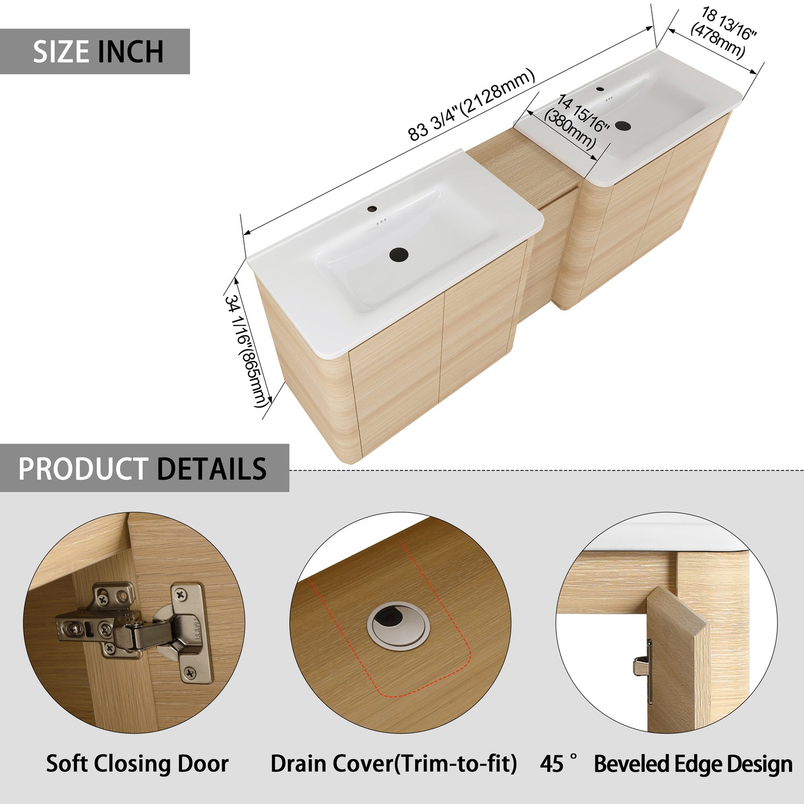 2X40“ Plywood Freestanding Bathroom Vanity W/ Ceramic Sink +Storage Cabinet Oak