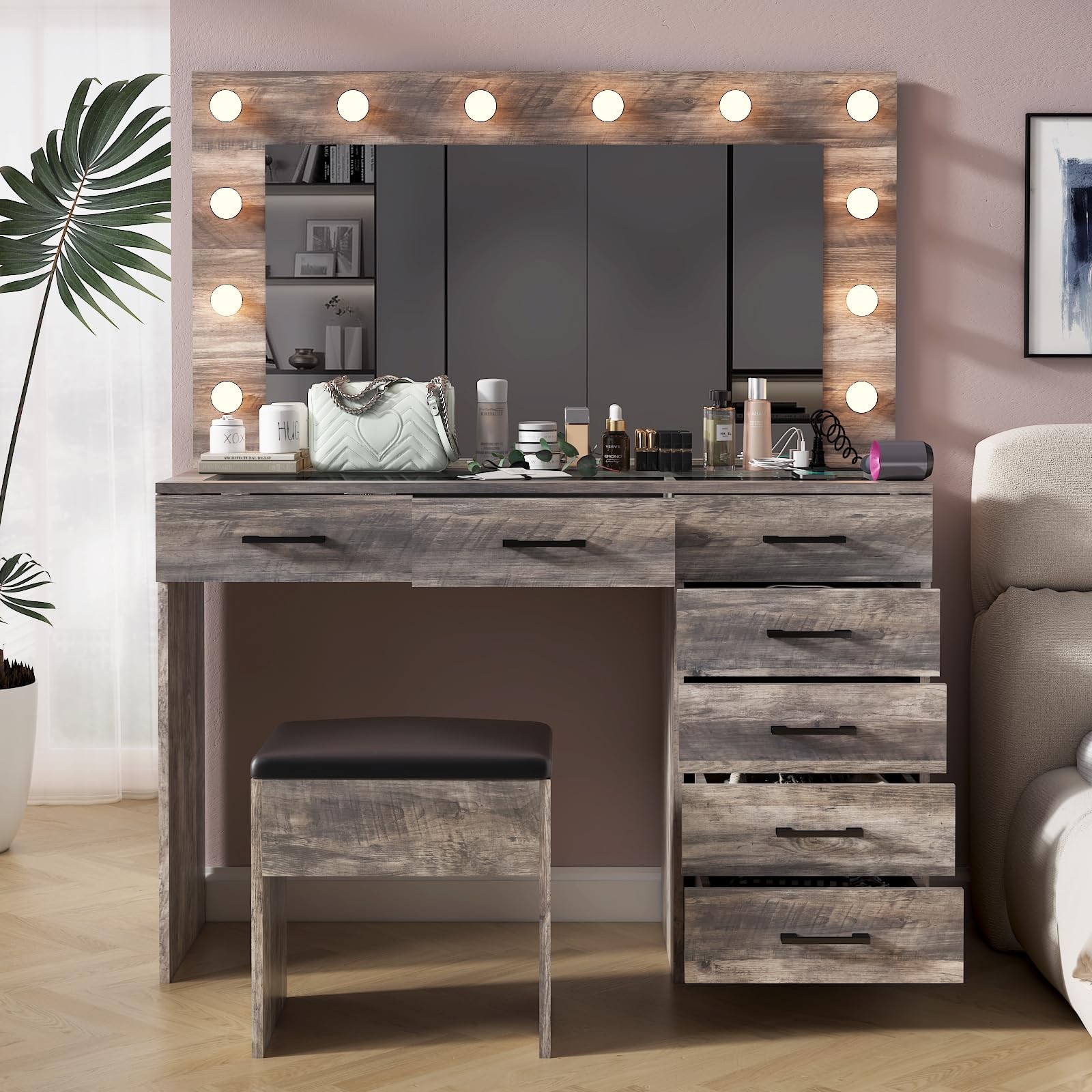 Vanity Desk Mirror 3 Color Lights Charging 7 Drawer Glass Top Stool Grey