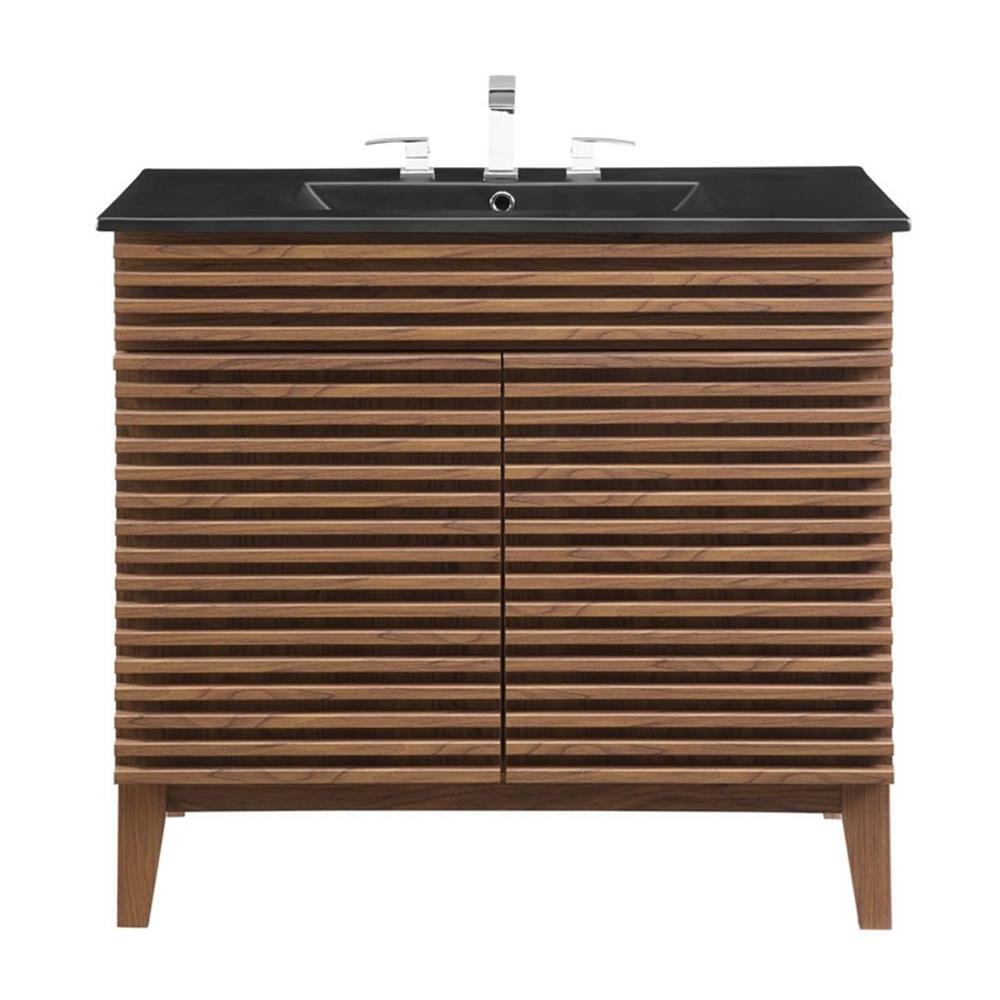 Modway Render Modern Wood/Ceramic Bathroom Vanity in Walnut/Black