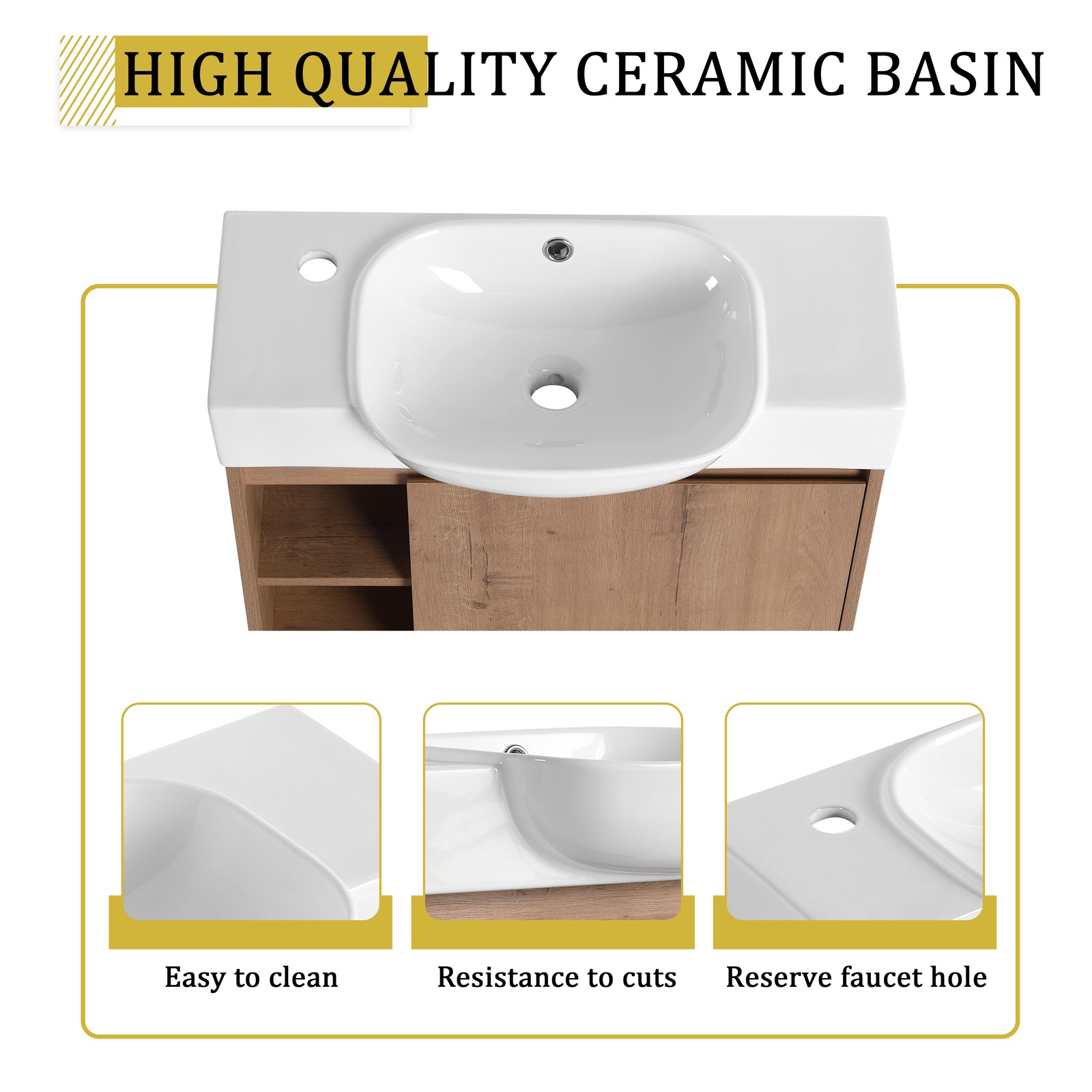 26in Plywood Freestanding Bathroom Vanity W/ Ceramic Sink Basin Door Shelf Oak