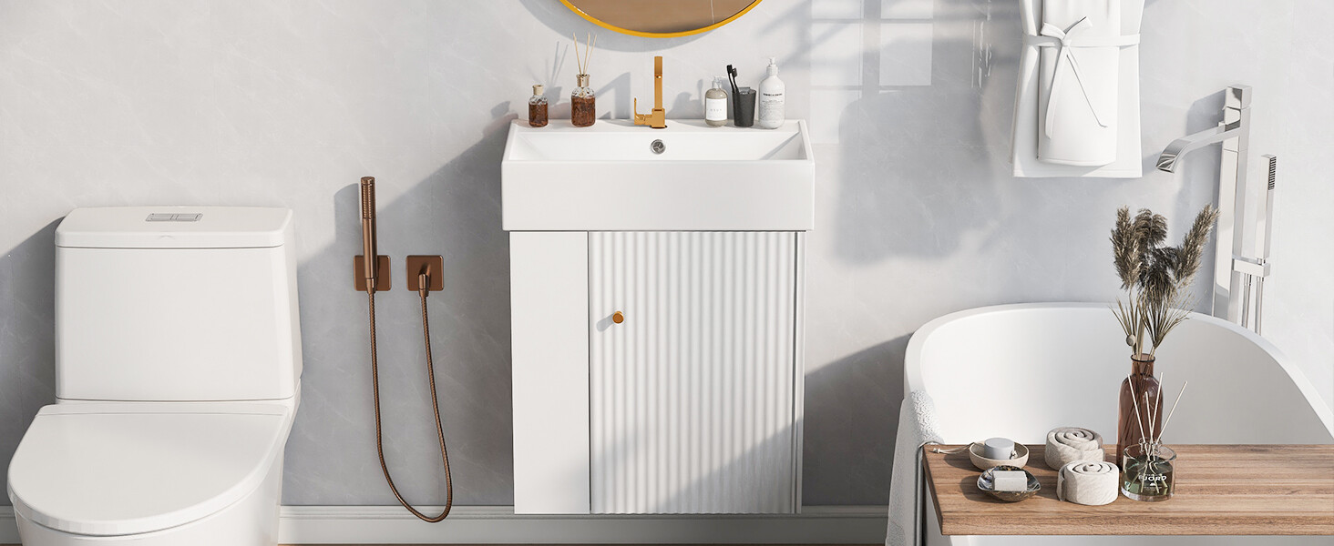 21.6inch Modern Floating Bathroom Vanity with Ceramic Basin Left side storage