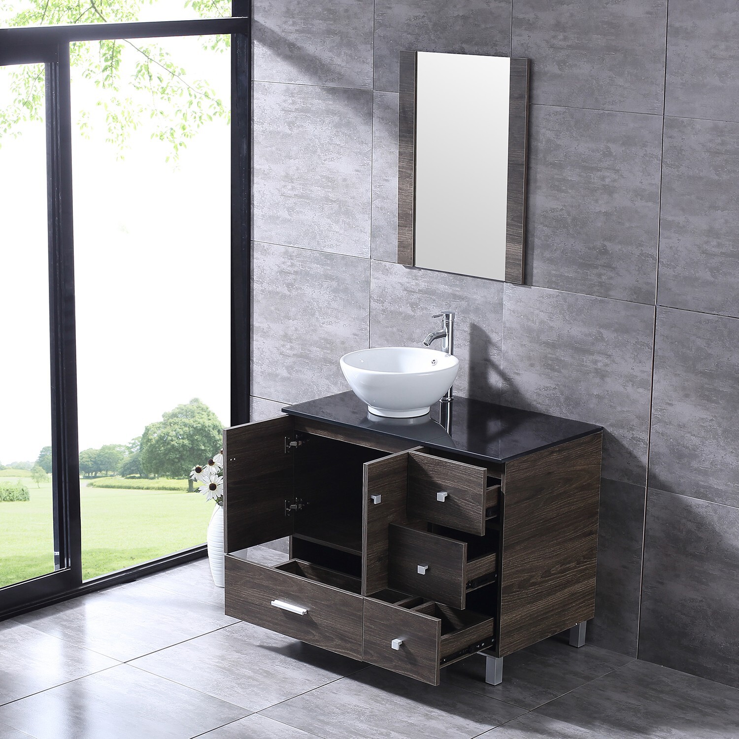 Bathroom Vanity with Sink 36 Inch Cabinet Ceramic Sink w/Glass Top Set Brown