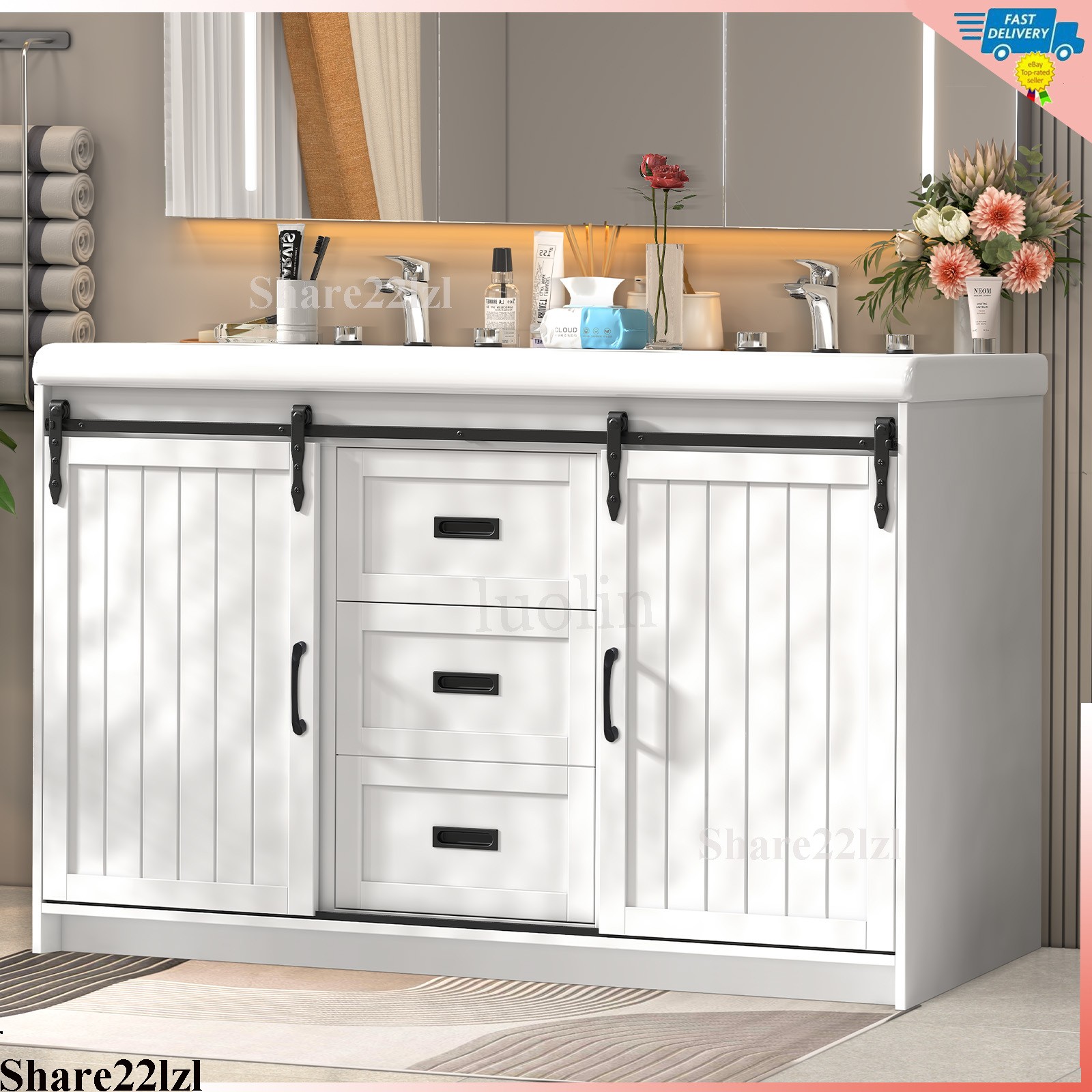47″ Modern Bathroom Vanity Set with Double Vanities，Double Ceramic Sinks White