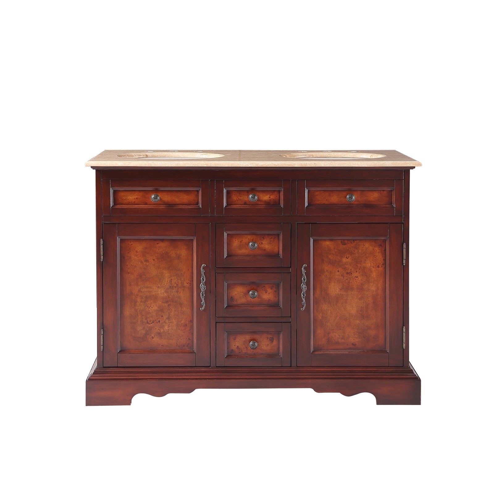 48″ Compact Double Sink Cabinet Travertine Stone Countertop Bathroom Vanity