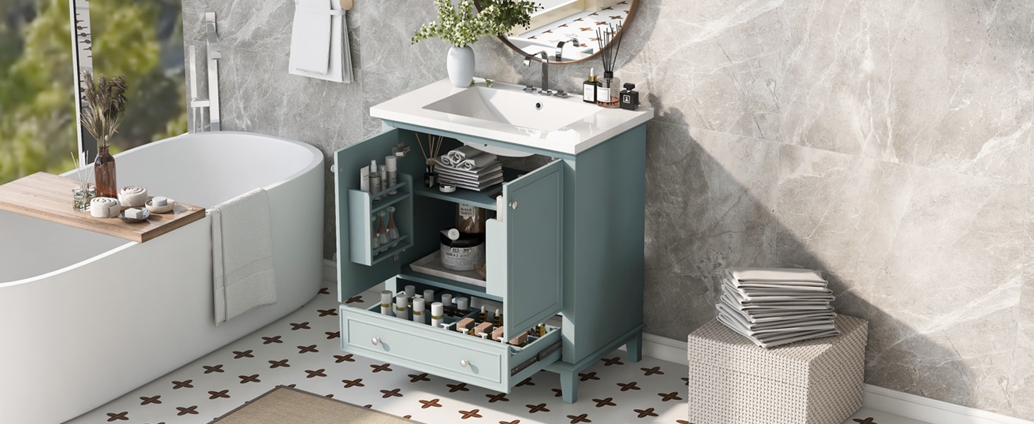 30″ Bathroom Vanity with Sink Combo, Green, Solid Wood & MDF Cabinet