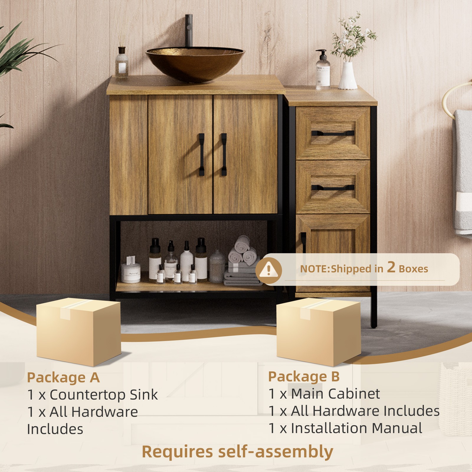36” Bathroom Vanity with Glass Sink Solid Wood Frame Bathroom Storage Cabinet