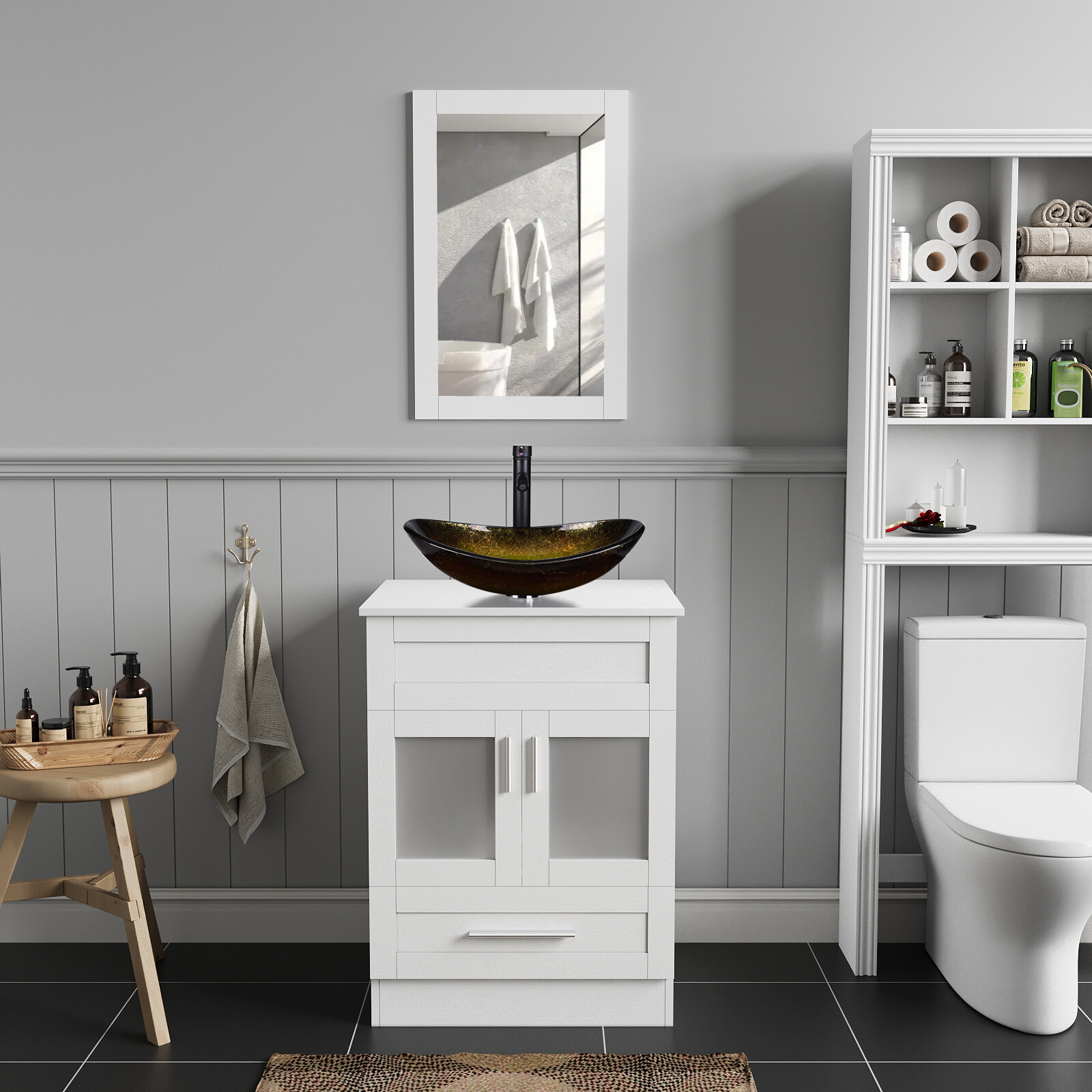 24″ Bathroom Vanity with Glass Sink Mirror Pop-Up Drain and Faucet