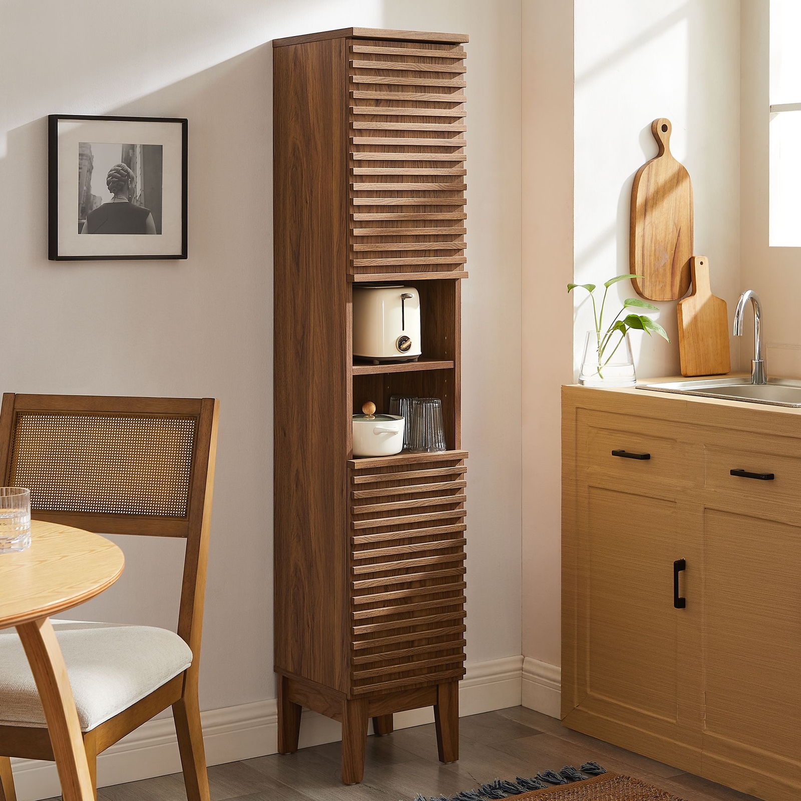 Render Tall Narrow Bathroom Storage Cabinet in Walnut