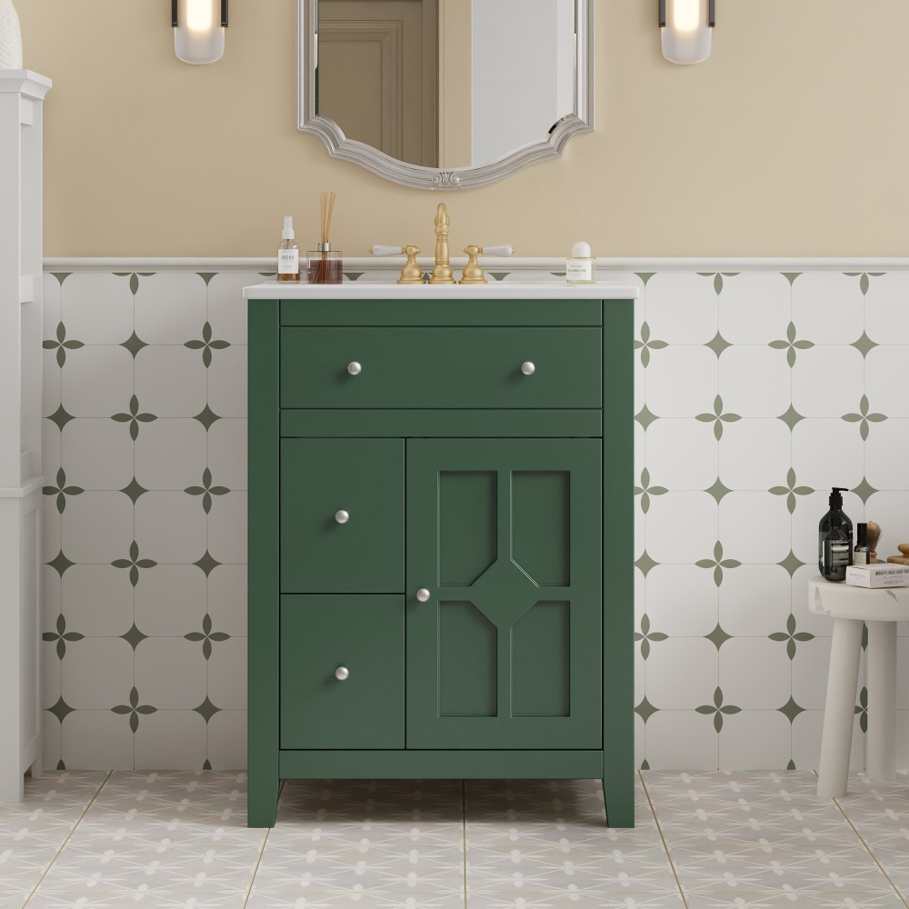Bathroom Vanity with Ceramic Basin Features Two Drawers and Soft-Close Doors