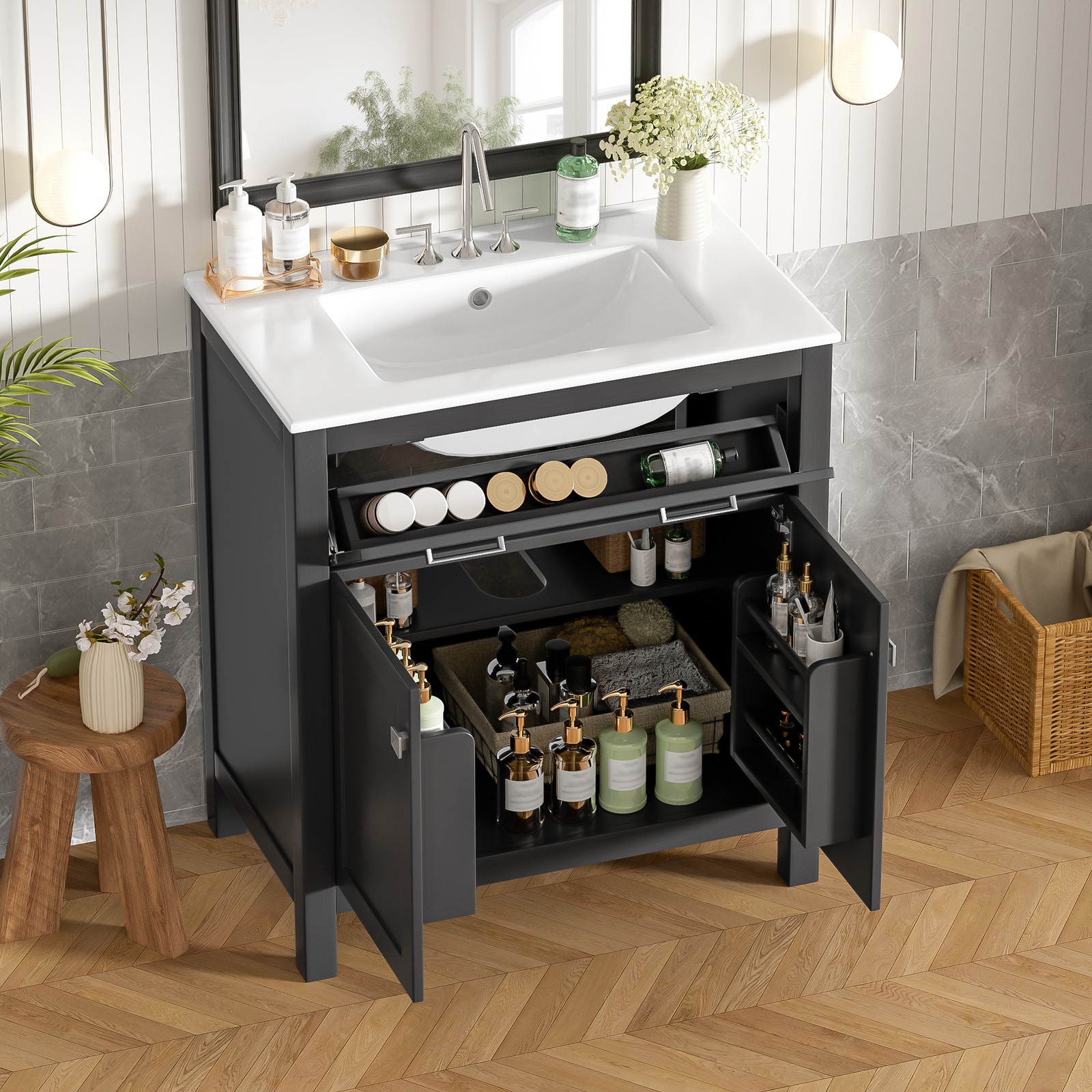 30″ Bathroom Vanity with Ceramic Sink, Modern Black Single Bathroom Cabinet