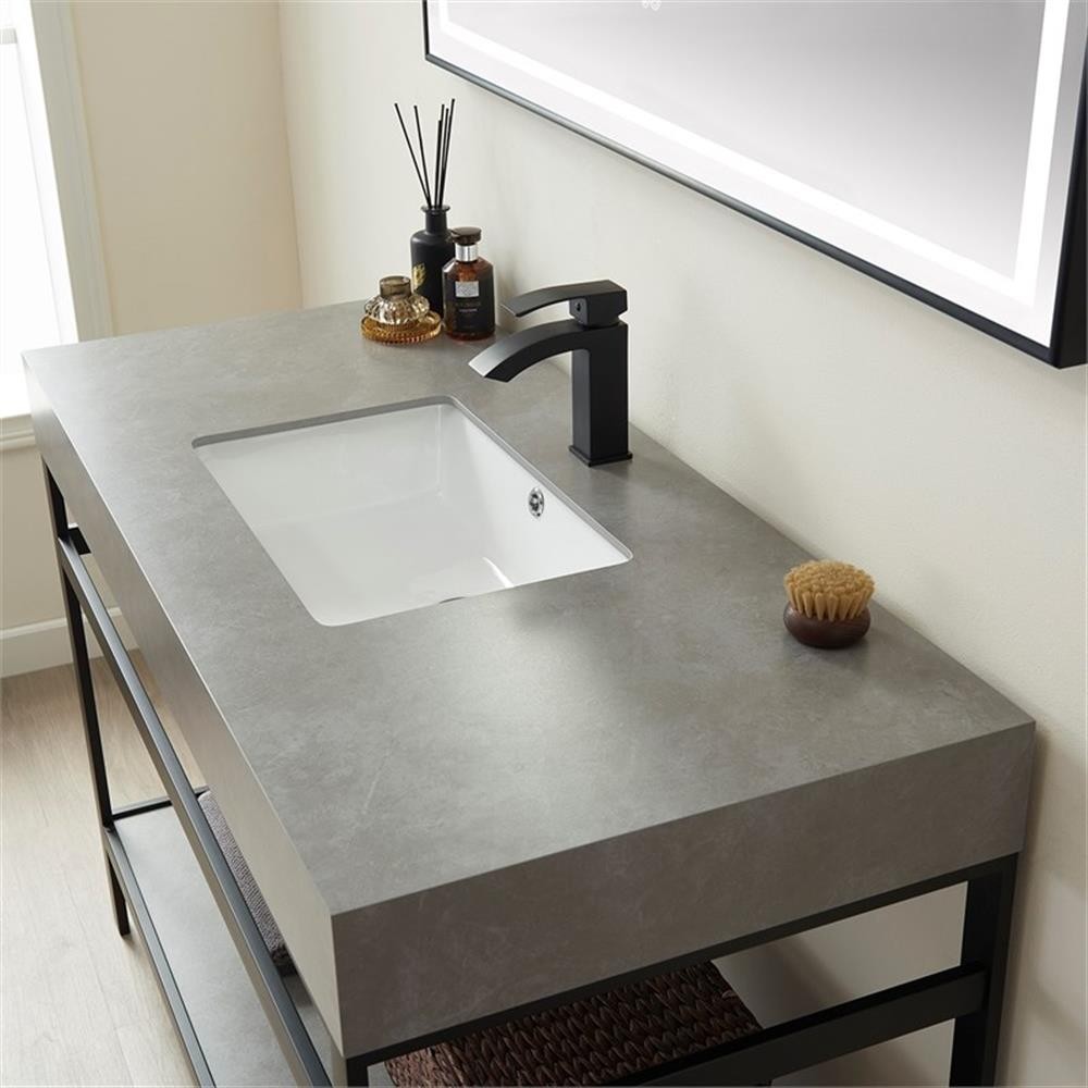 Funes 48″ Single Sink Bathroom Vanity in Matte Black Frame Gray Top w/ Mirror