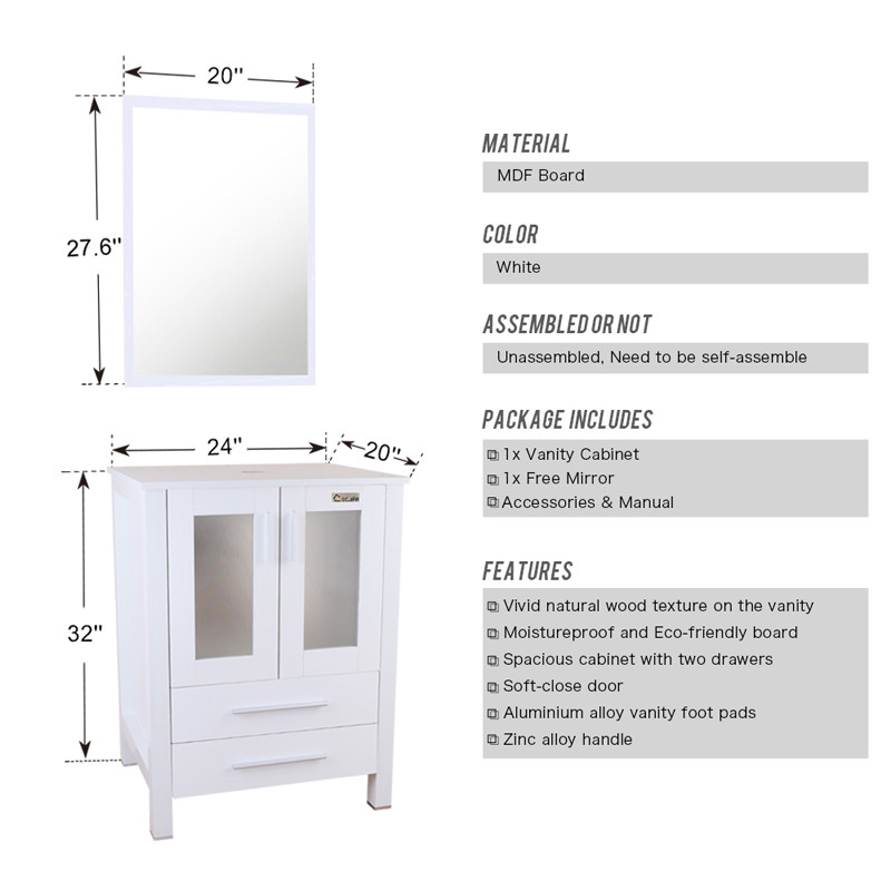 24″ Bathroom Vanity Cabinet W/ Mirror MDF Wood Single White Modern 2 drawer