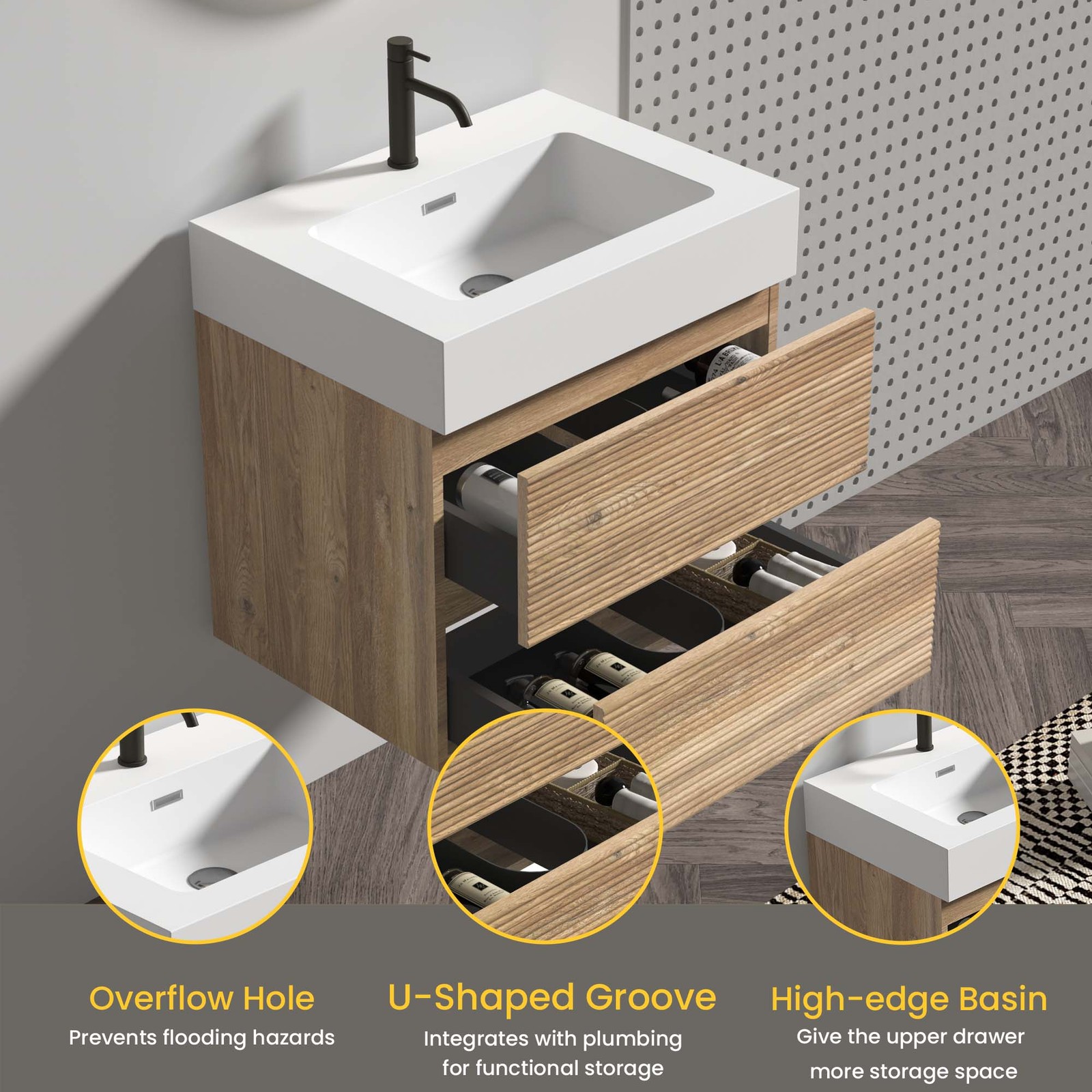 24″ Rough Oak Wall Mounted Bathroom Vanity with White Glossy Sink