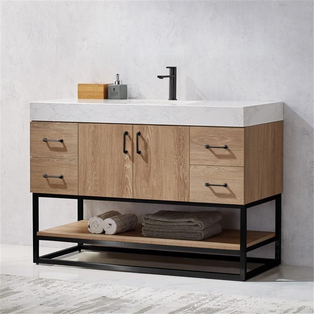 Pemberly Row 48″ White Stone Top Oak Single Vanity Black Frame w/o Mirror