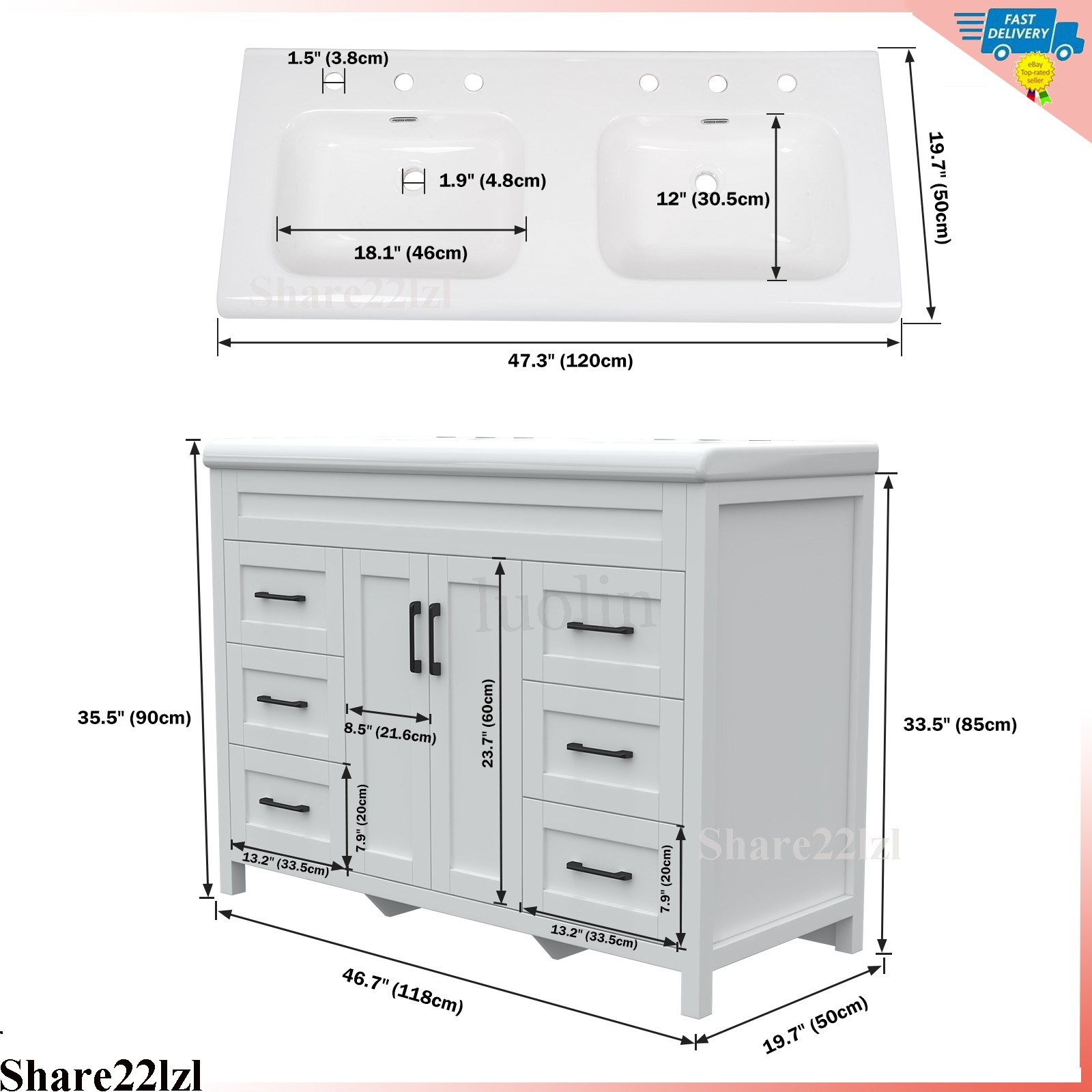 47″ Bathroom Vanity Cabinet White Freestanding Drawers with Double Sink Ceramic