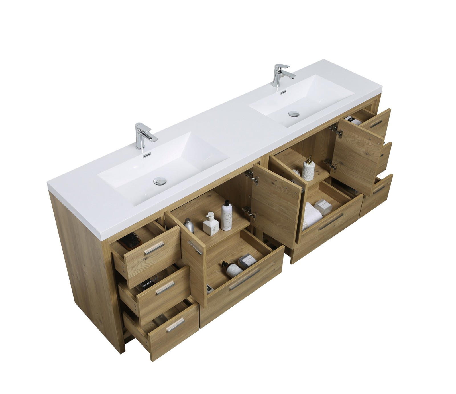 Alma-Allier 84″ Natural Oak Finish Vanity With A Integrated Sink