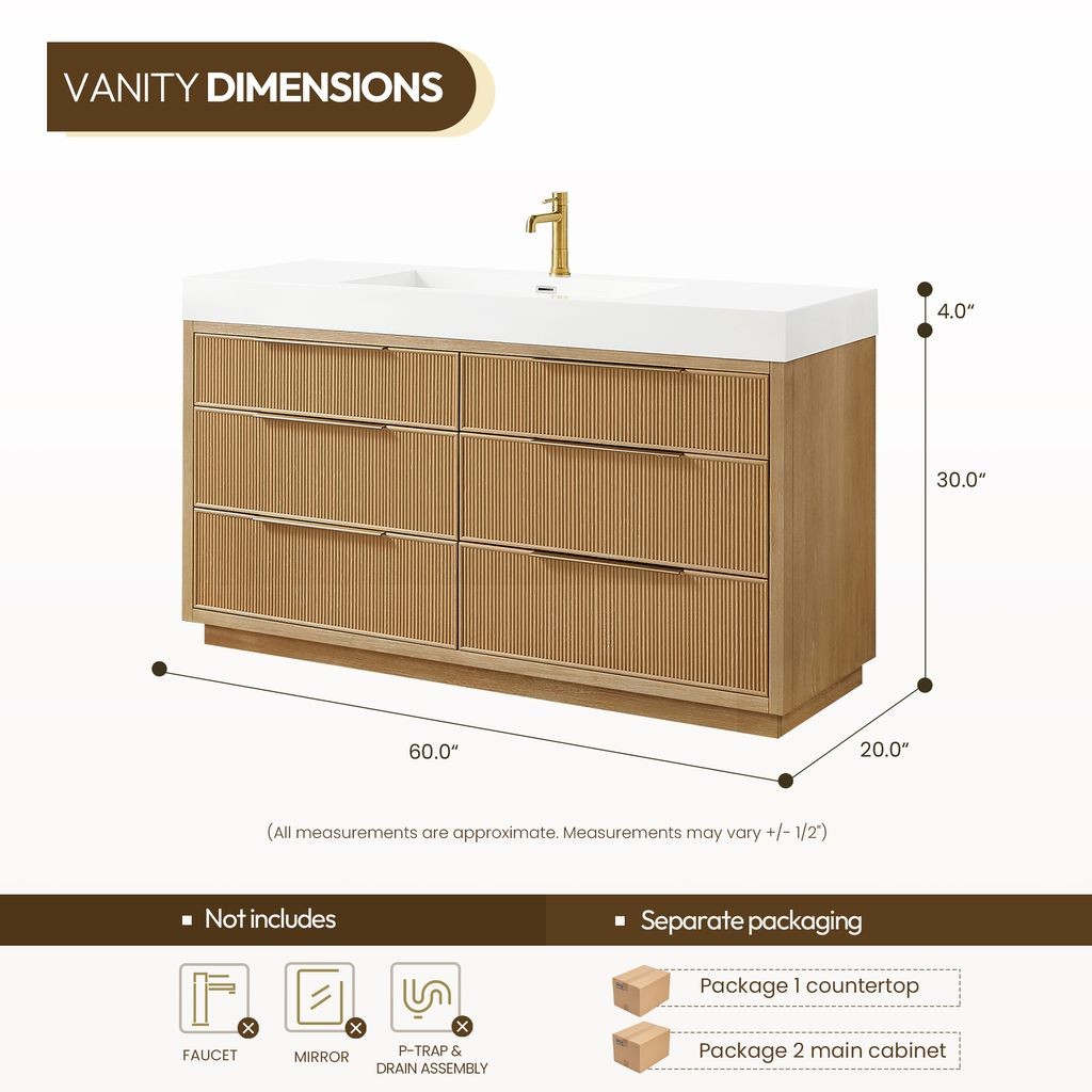 Hohhot 60″ Single Bath Vanity in Washed Ash Grey with White Stone Top